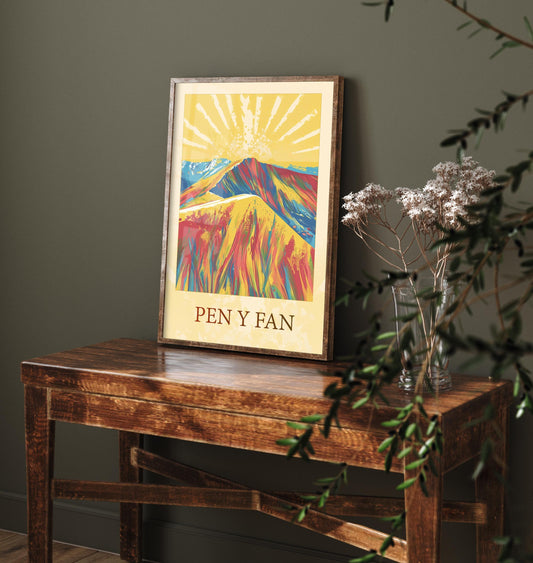 Pen y Fan Sunshine Mountain Poster - The Three Peaks of Wales Art Print - Painting - Wales Illustration Gift