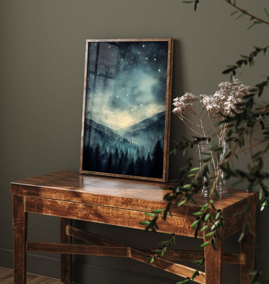 Teal Dark Night With Stars V3 Art Print - Blue Mountains Poster - Painting Illustration Home Wall Decor Misty Forest Navy 2/3