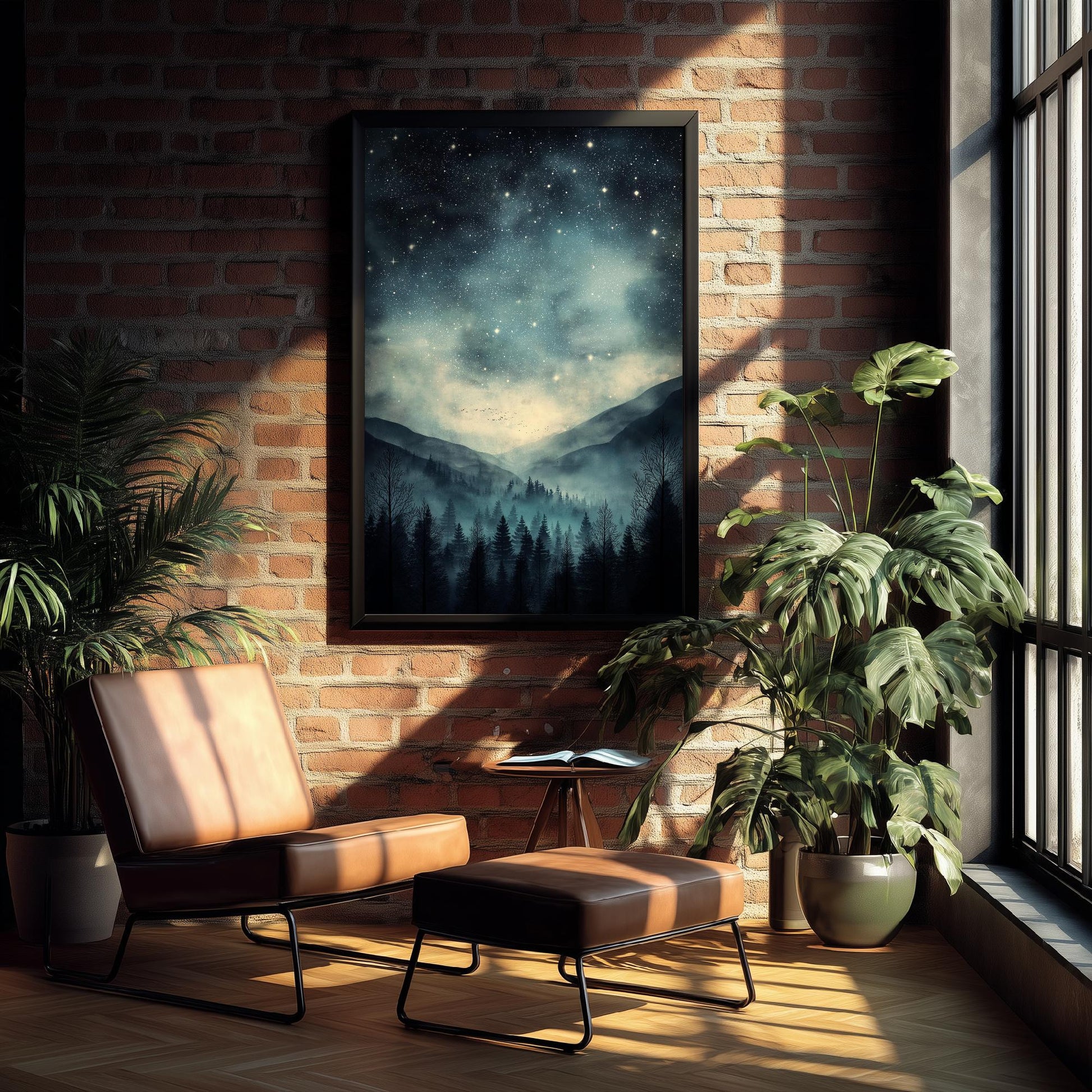 Teal Dark Night With Stars V3 Art Print - Blue Mountains Poster - Painting Illustration Home Wall Decor Misty Forest Navy 2/3
