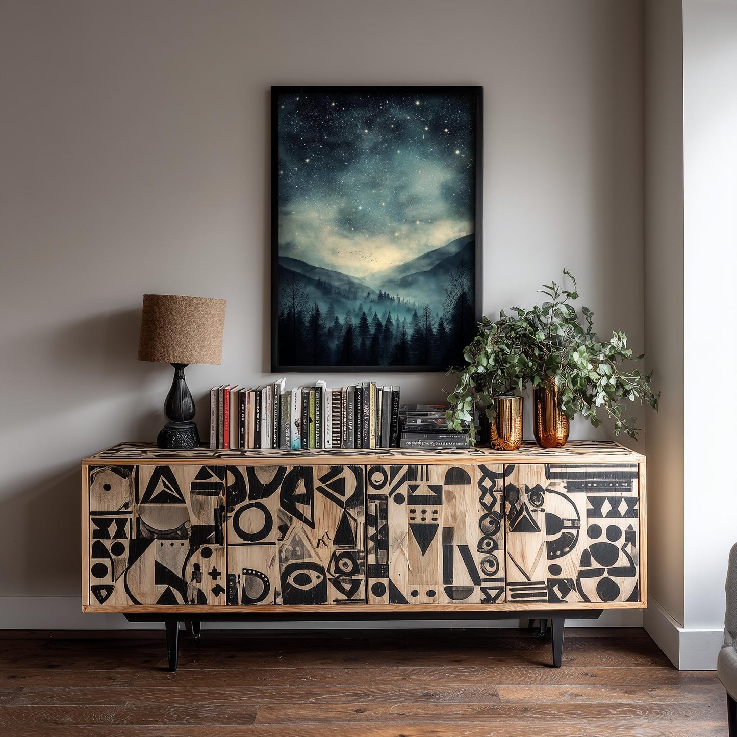 Teal Dark Night With Stars V3 Art Print - Blue Mountains Poster - Painting Illustration Home Wall Decor Misty Forest Navy 2/3