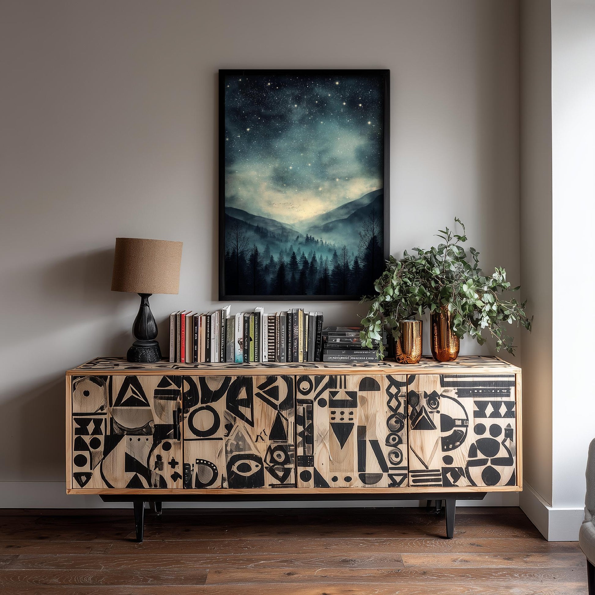 Teal Dark Night With Stars V3 Art Print - Blue Mountains Poster - Painting Illustration Home Wall Decor Misty Forest Navy 2/3
