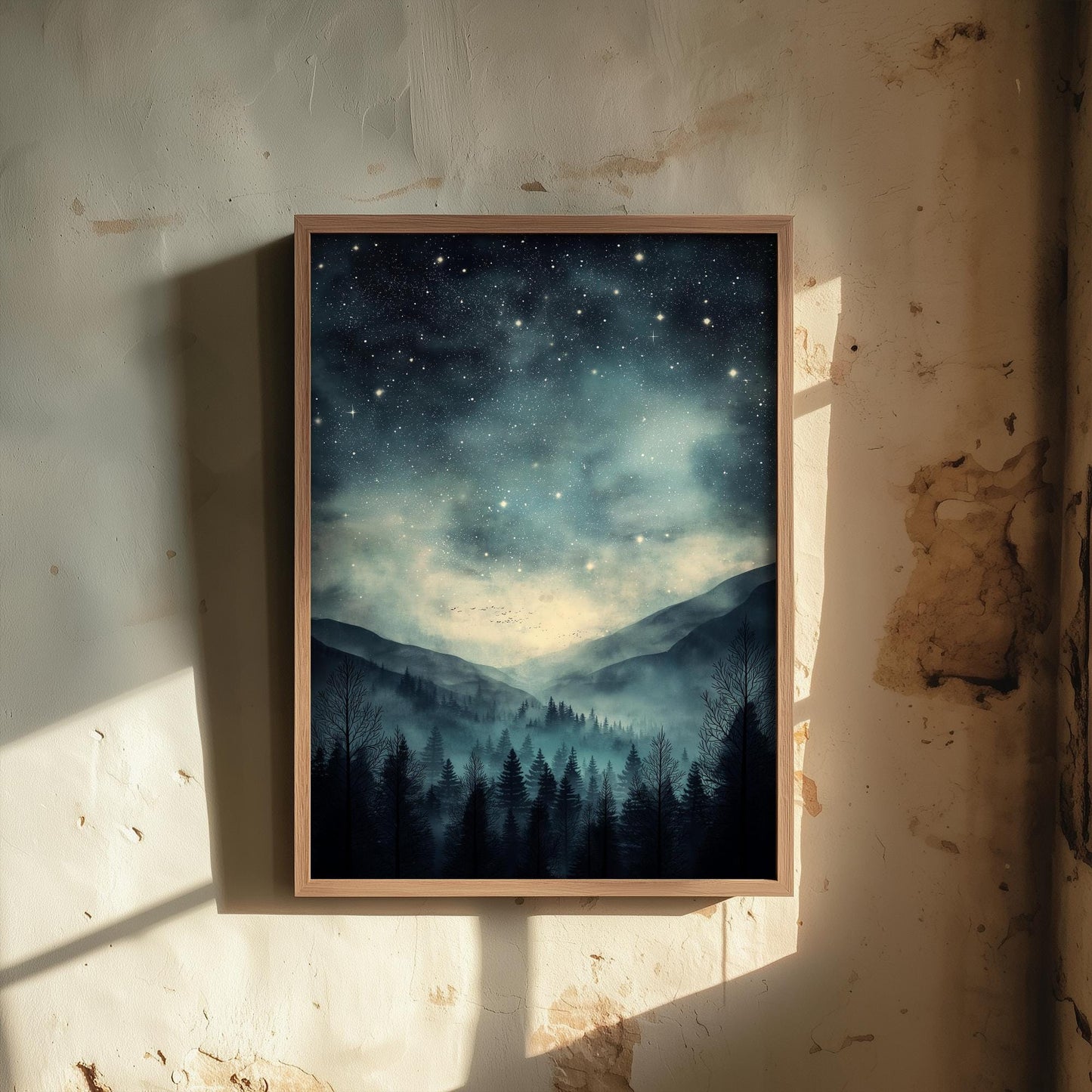 Teal Dark Night With Stars V3 Art Print - Blue Mountains Poster - Painting Illustration Home Wall Decor Misty Forest Navy 2/3