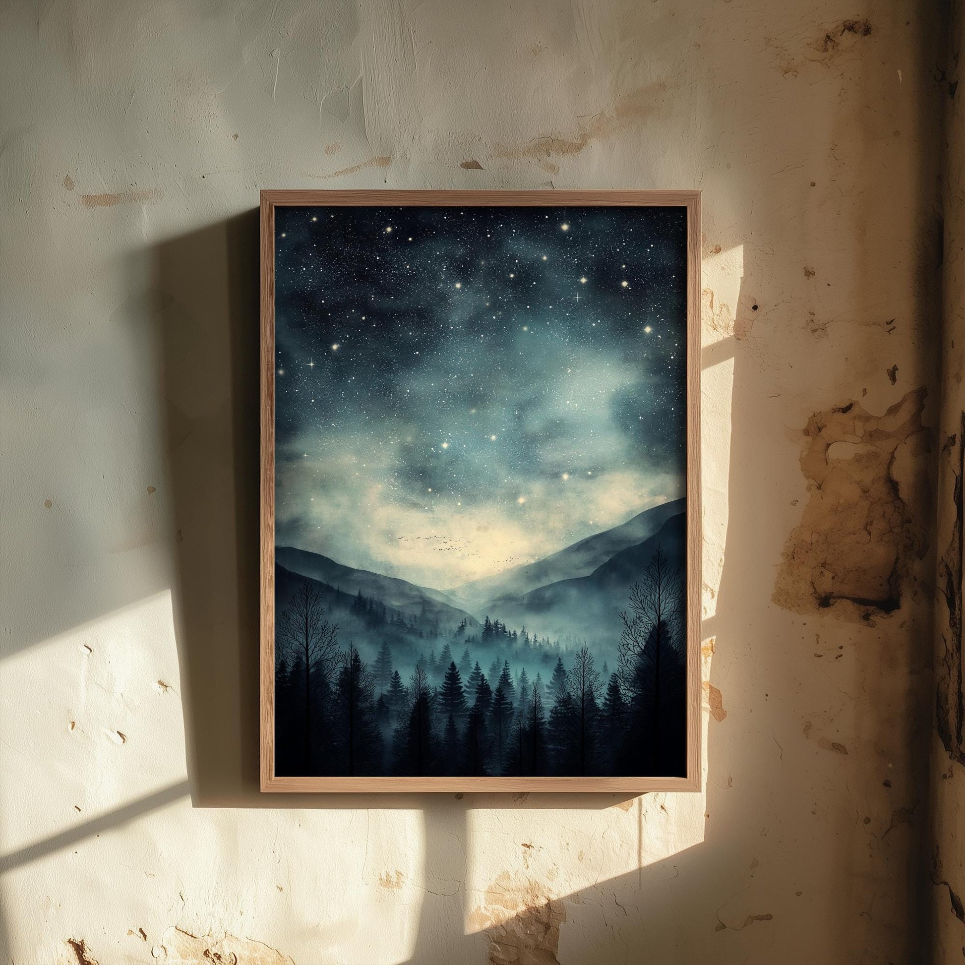 Teal Dark Night With Stars V3 Art Print - Blue Mountains Poster - Painting Illustration Home Wall Decor Misty Forest Navy 2/3
