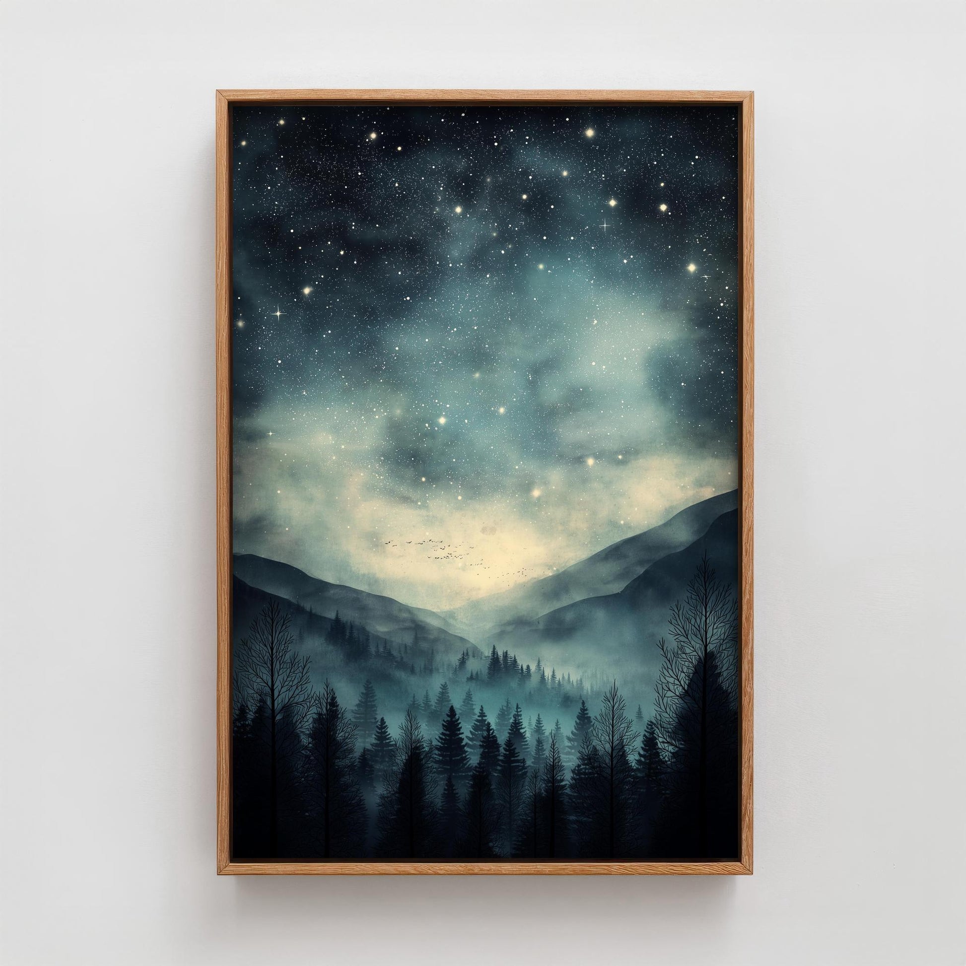 Teal Dark Night With Stars V3 Art Print - Blue Mountains Poster - Painting Illustration Home Wall Decor Misty Forest Navy 2/3