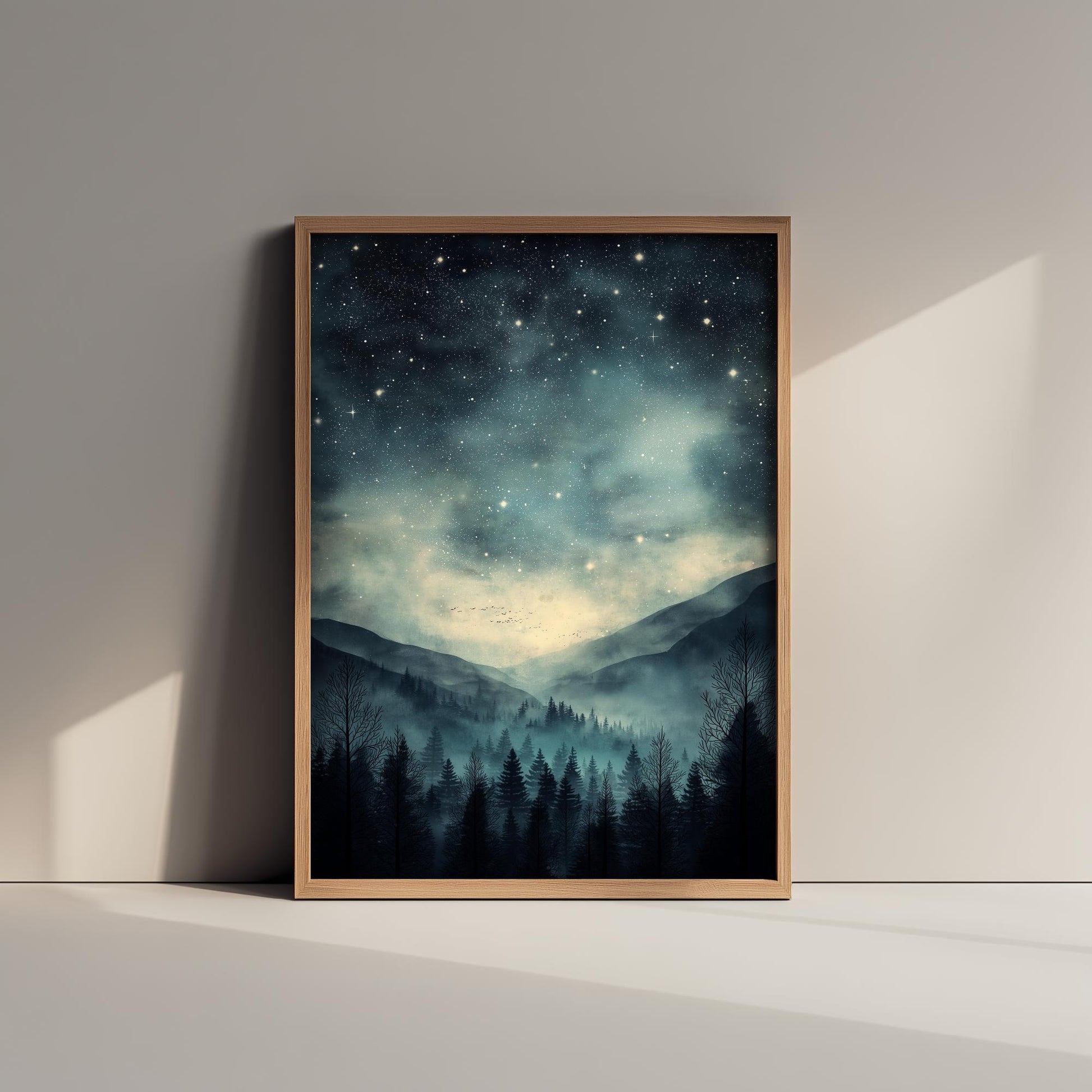 Teal Dark Night With Stars V3 Art Print - Blue Mountains Poster - Painting Illustration Home Wall Decor Misty Forest Navy 2/3