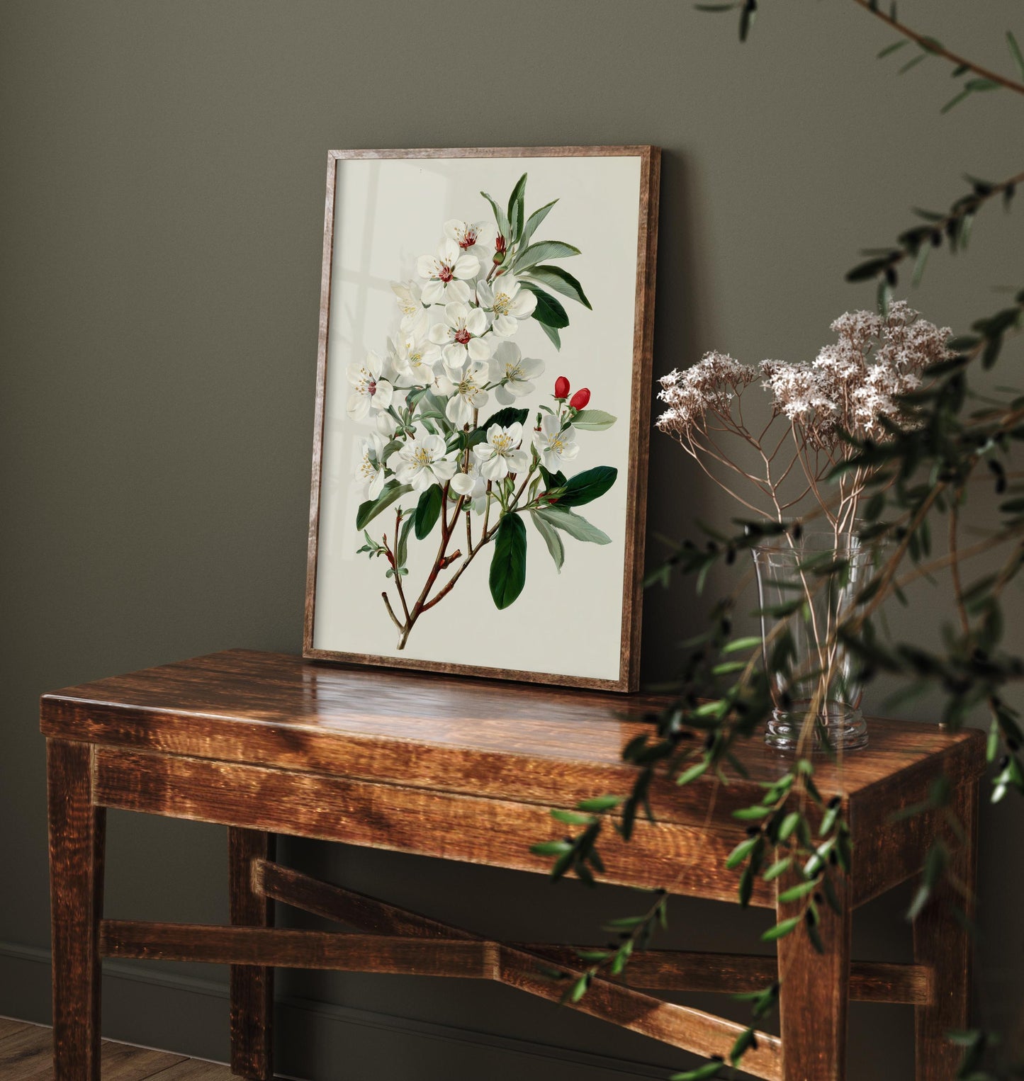 Vintage Plum Blossom Art Print, Green Poster Painting, Red Berry Heritage Wall Art 2026 V2 1/3