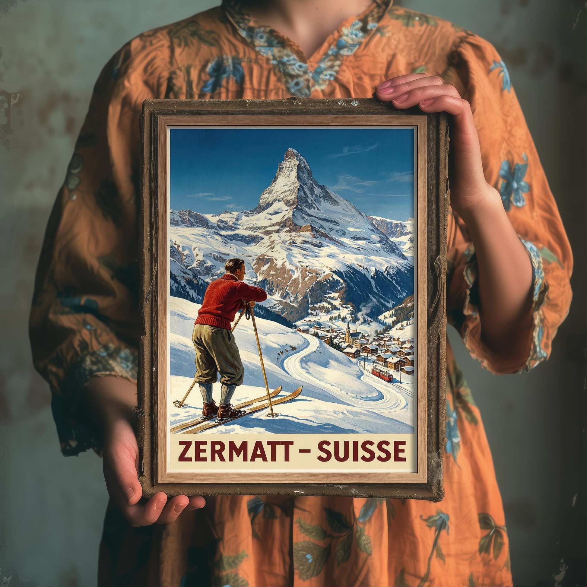Zermatt Vintage Alpine Skiing Poster - Art Print - Winter Painting Ski Gift Mont Blanc
