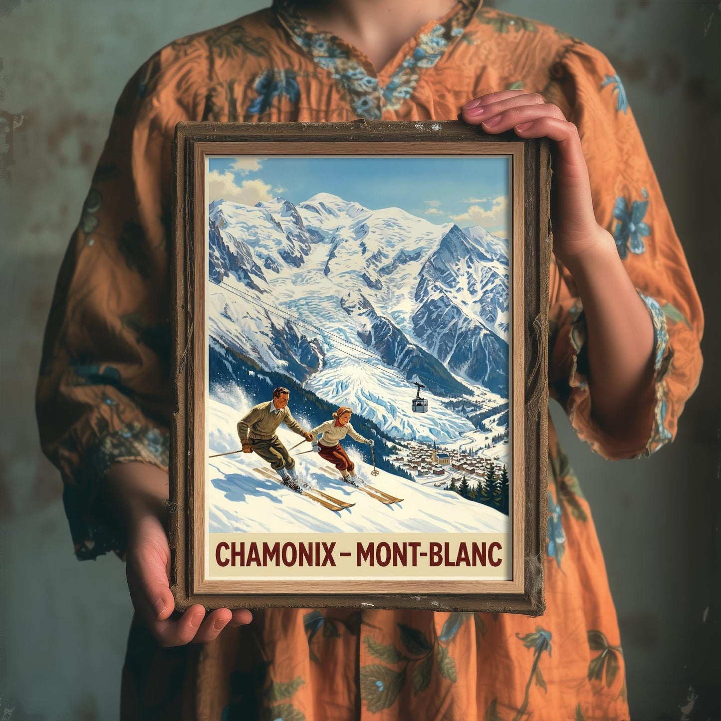 Chamonix Vintage Alpine Skiing Poster - Art Print - Winter Painting Ski Gift Mont Blanc