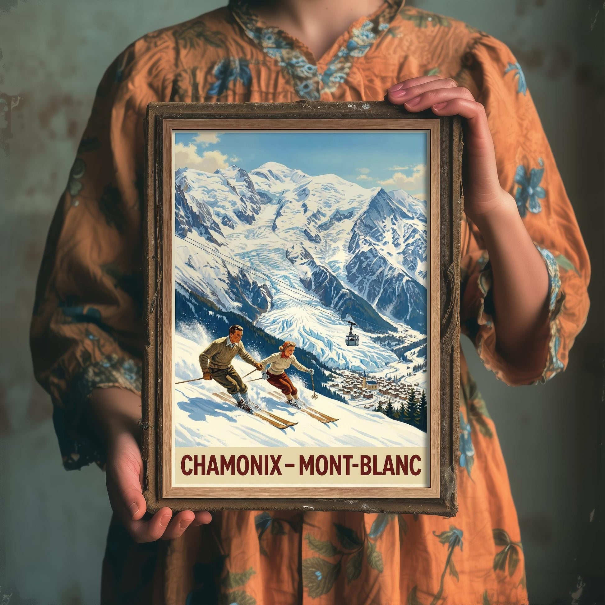 Chamonix Vintage Alpine Skiing Poster - Art Print - Winter Painting Ski Gift Mont Blanc