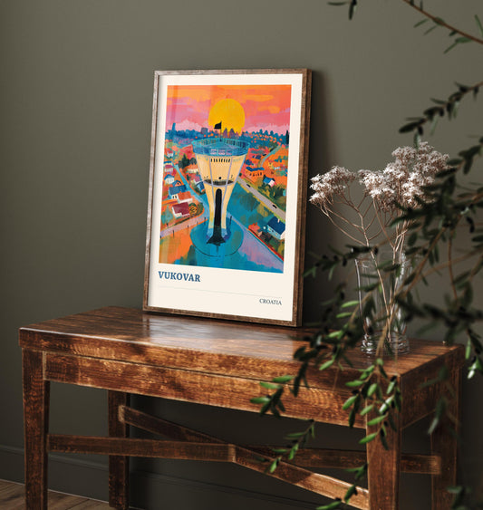 Medugorje, Croatia Travel Poster - Modern Art Print - Photo Painting Illustration Gift Map Water Tower