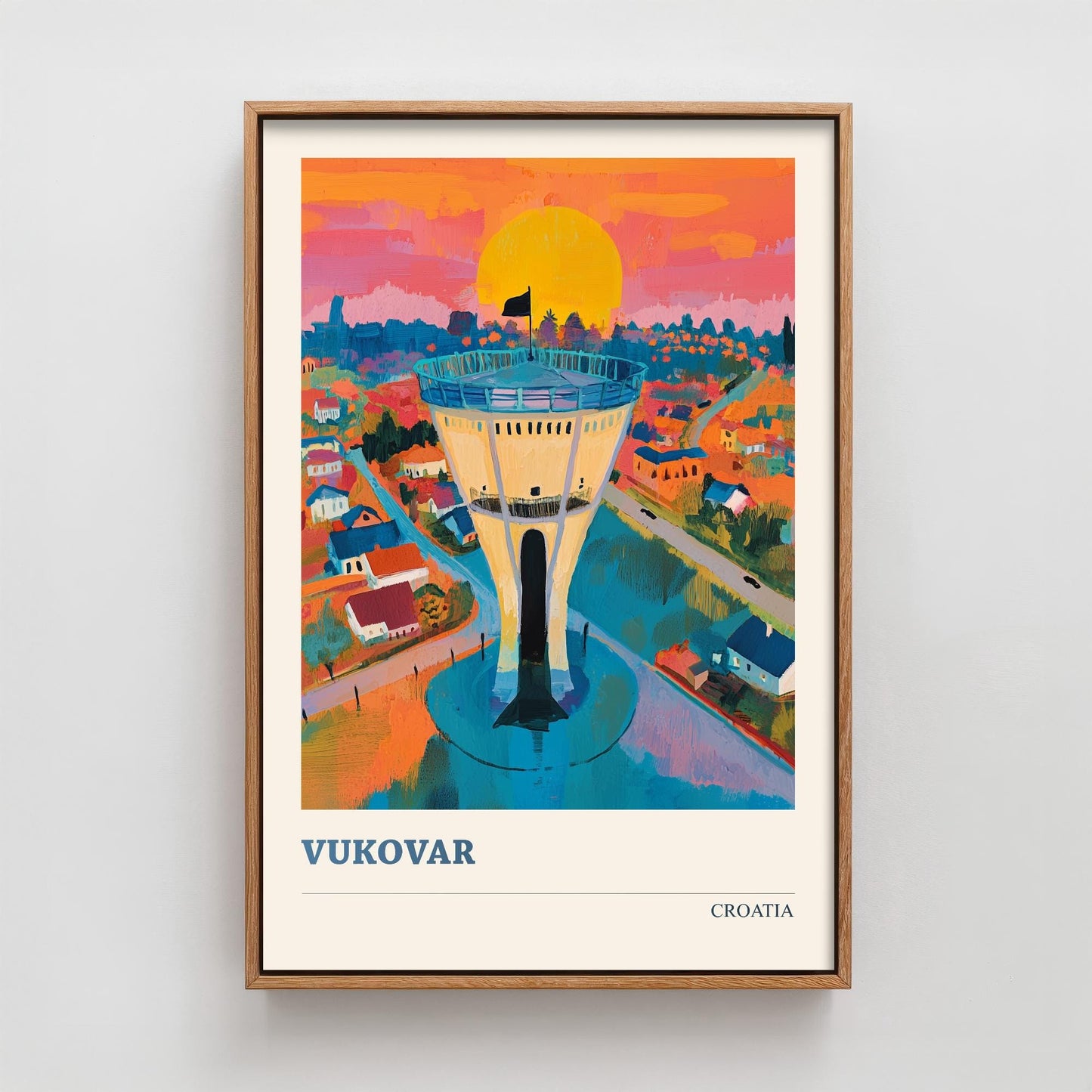 Medugorje, Croatia Travel Poster - Modern Art Print - Photo Painting Illustration Gift Map Water Tower