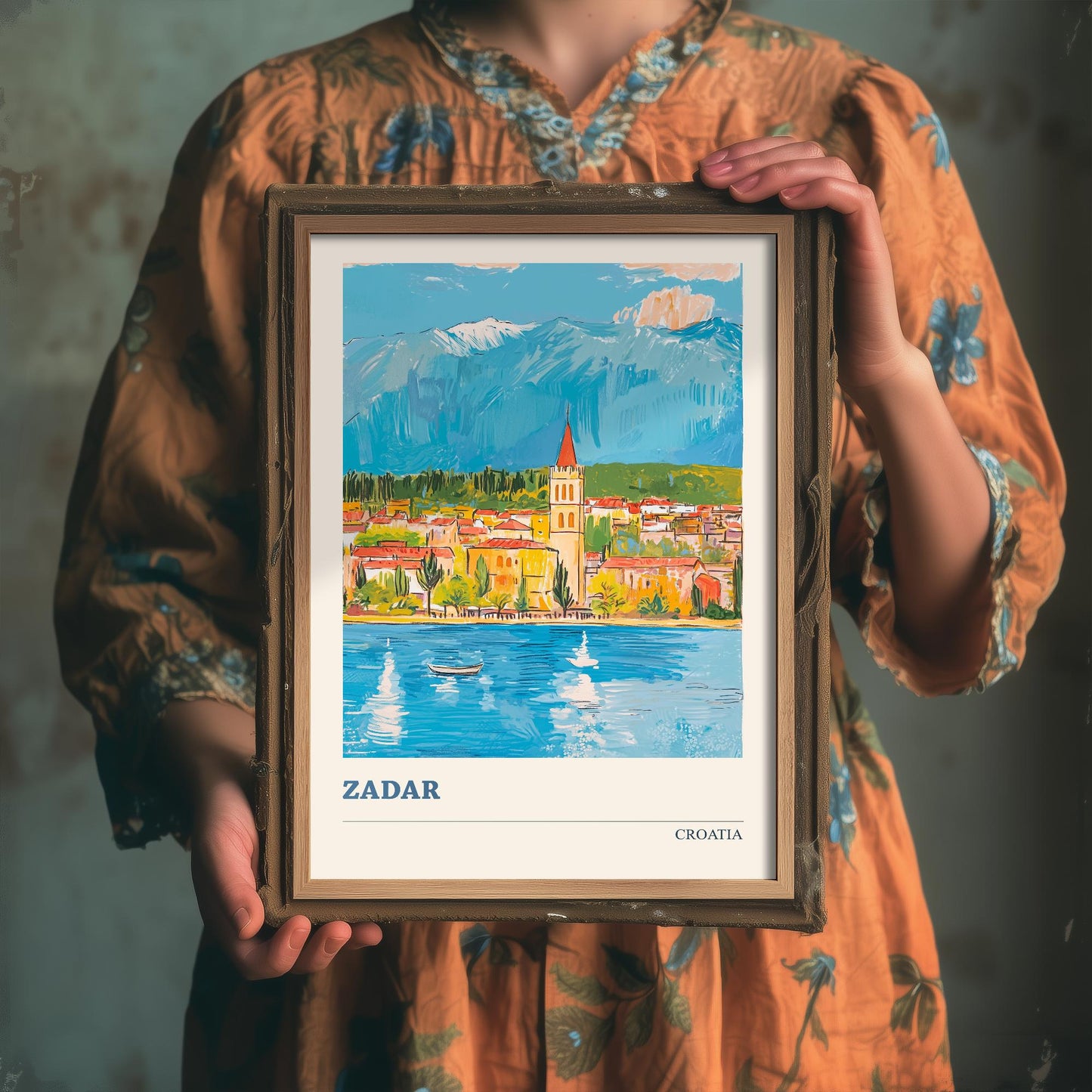 Zadar, Croatia Travel Poster - Modern Art Print - Photo Painting Illustration Gift Map Water Tower