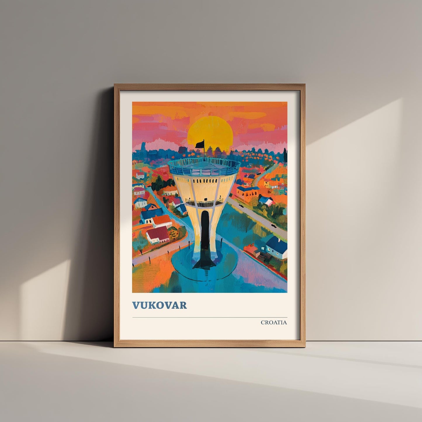 Medugorje, Croatia Travel Poster - Modern Art Print - Photo Painting Illustration Gift Map Water Tower
