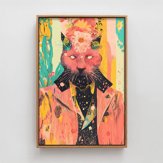 Feral Floral Cat Art Print V1 - Pink Cat Flower Crown Poster - Bold Colourful Woodcut Collage Painting Animals in Clothes Gift 2/3