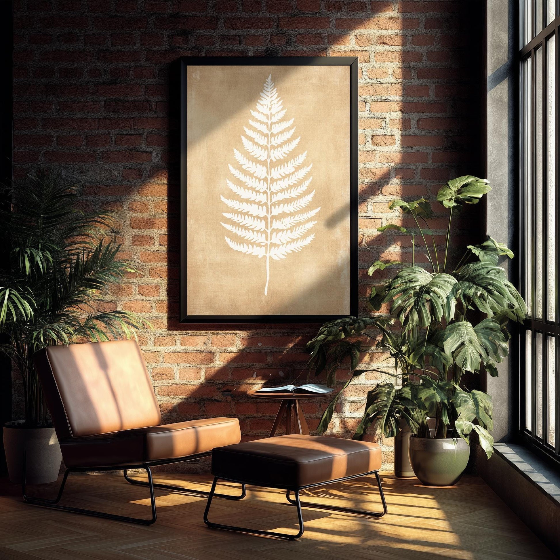 White Fern Stencil Art Print - Large Fern Golden Amber Botanical Poster - Neutral Brown Simple Decor Painting Nature Japandi Neutral 2/3
