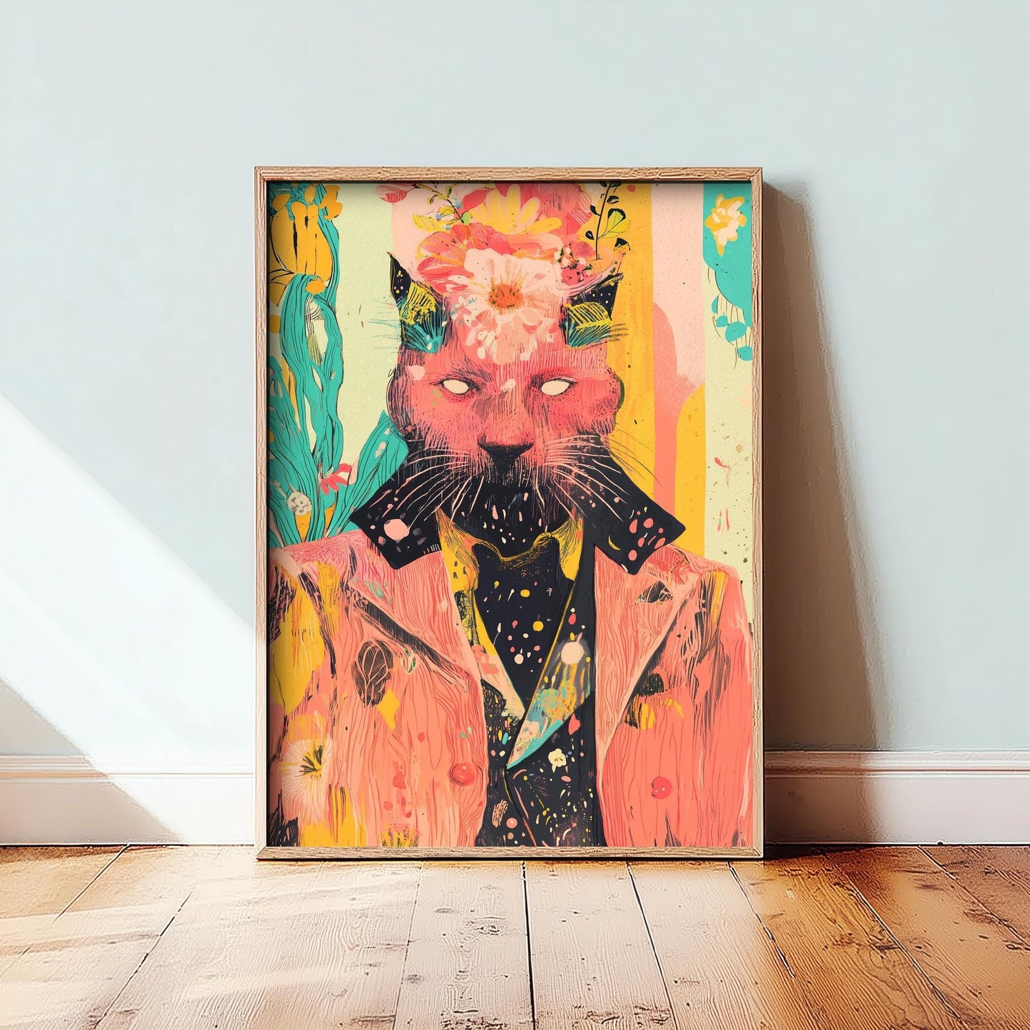 Feral Floral Cat Art Print V1 - Pink Cat Flower Crown Poster - Bold Colourful Woodcut Collage Painting Animals in Clothes Gift 2/3