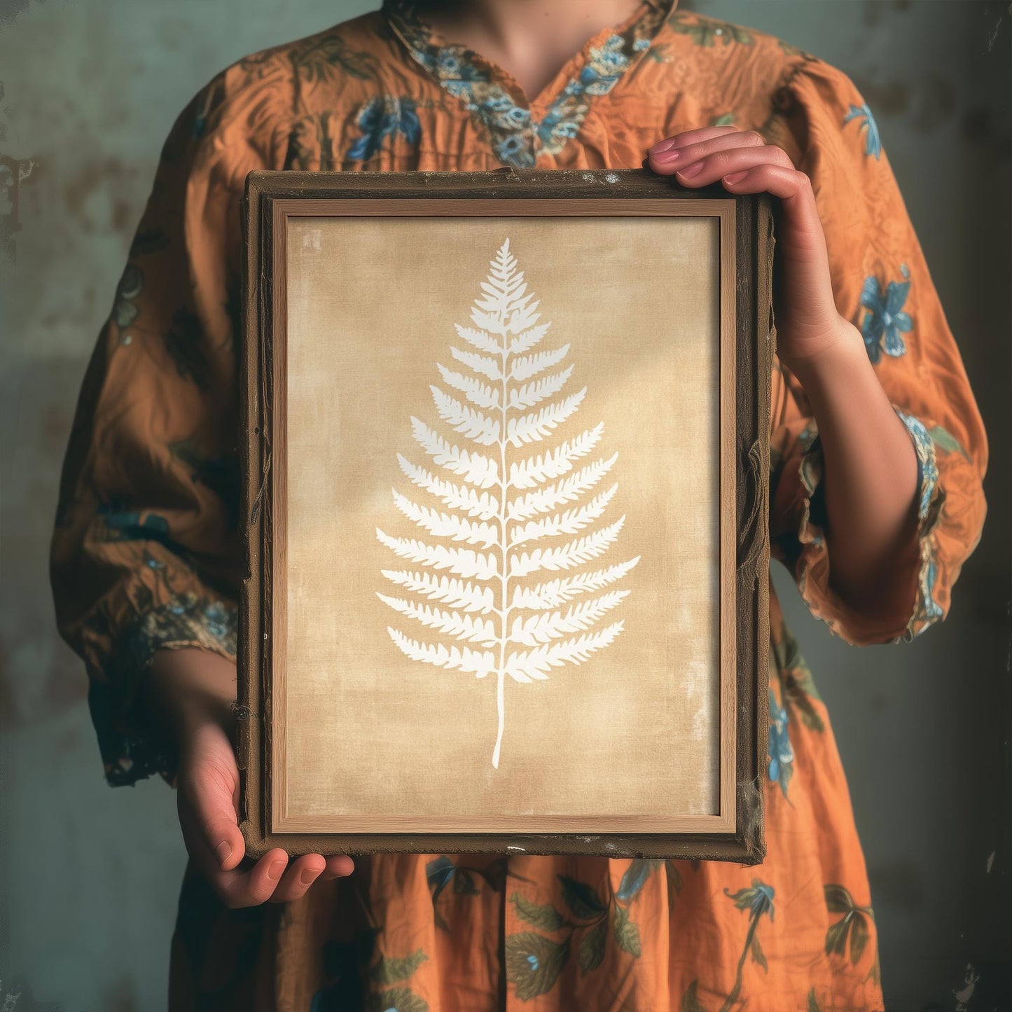 White Fern Stencil Art Print - Large Fern Golden Amber Botanical Poster - Neutral Brown Simple Decor Painting Nature Japandi Neutral 2/3