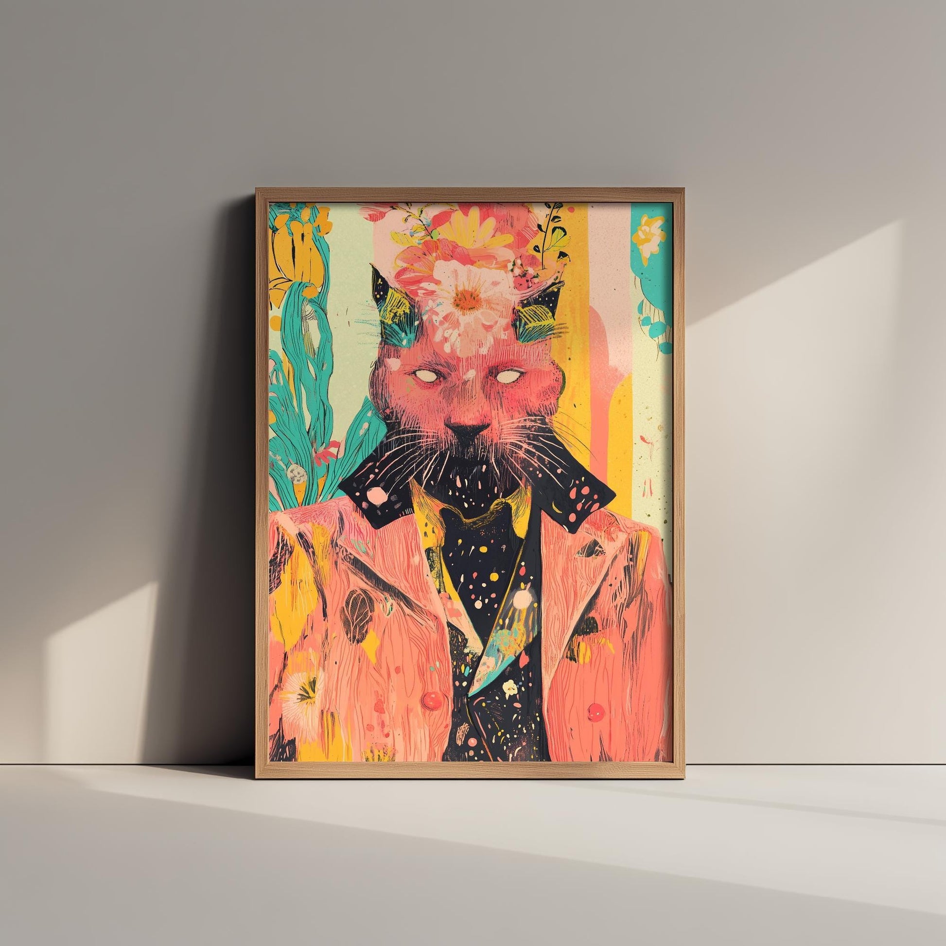 Feral Floral Cat Art Print V1 - Pink Cat Flower Crown Poster - Bold Colourful Woodcut Collage Painting Animals in Clothes Gift 2/3