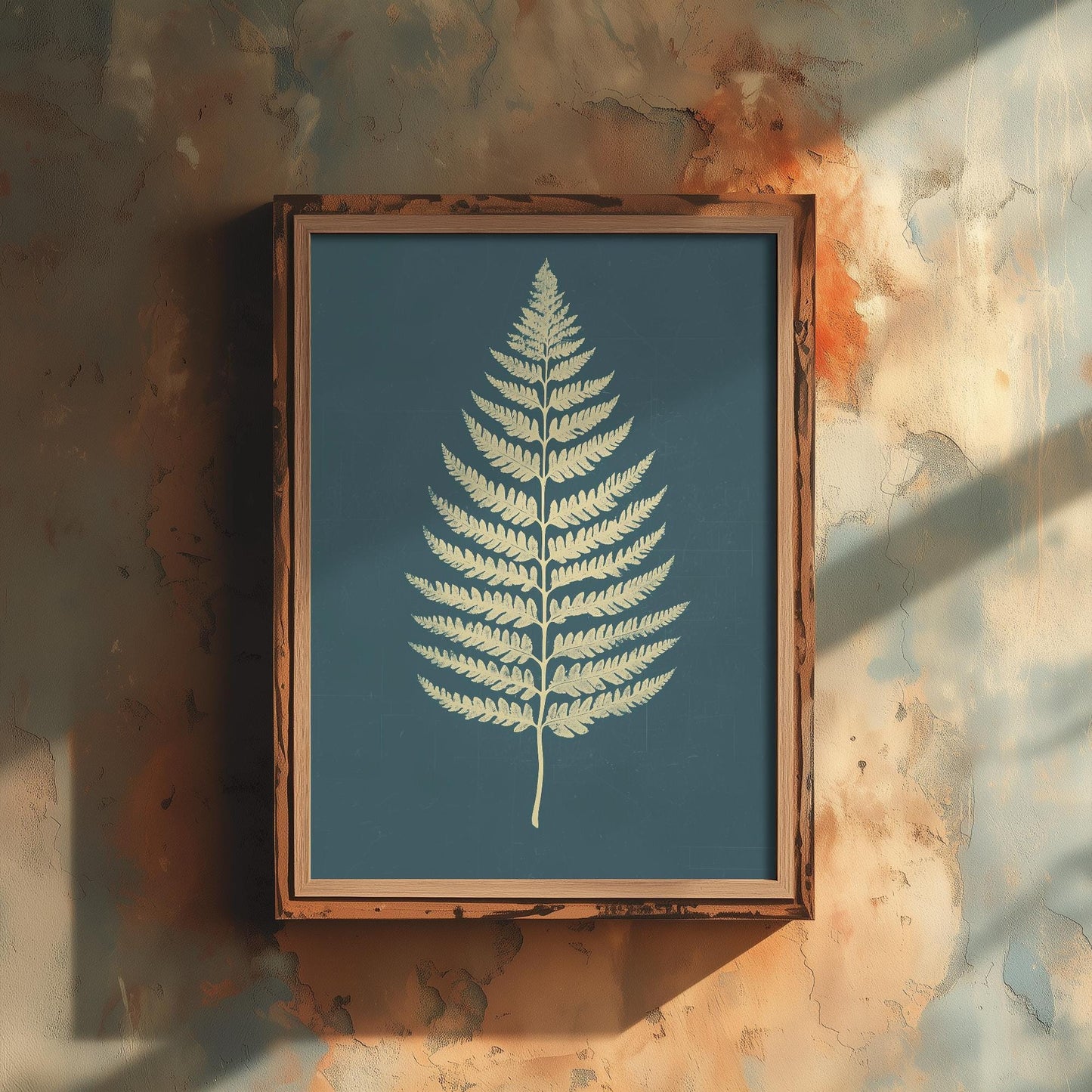 Feral Floral Fern Art Print V3 - Cream Fern Teal Background Poster - Bold Colourful Woodcut Collage Painting Nature Japandi Neutral 1/3