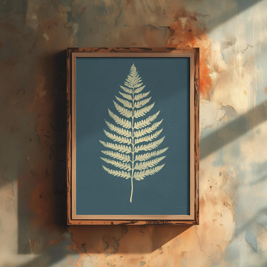 Feral Floral Fern Art Print V3 - Cream Fern Teal Background Poster - Bold Colourful Woodcut Collage Painting Nature Japandi Neutral 1/3