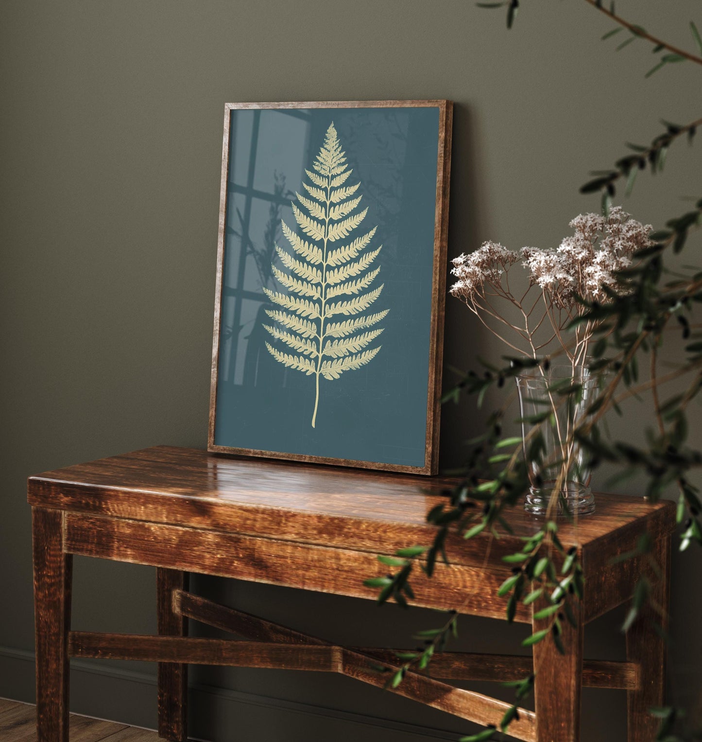 Feral Floral Fern Art Print V3 - Cream Fern Teal Background Poster - Bold Colourful Woodcut Collage Painting Nature Japandi Neutral 1/3