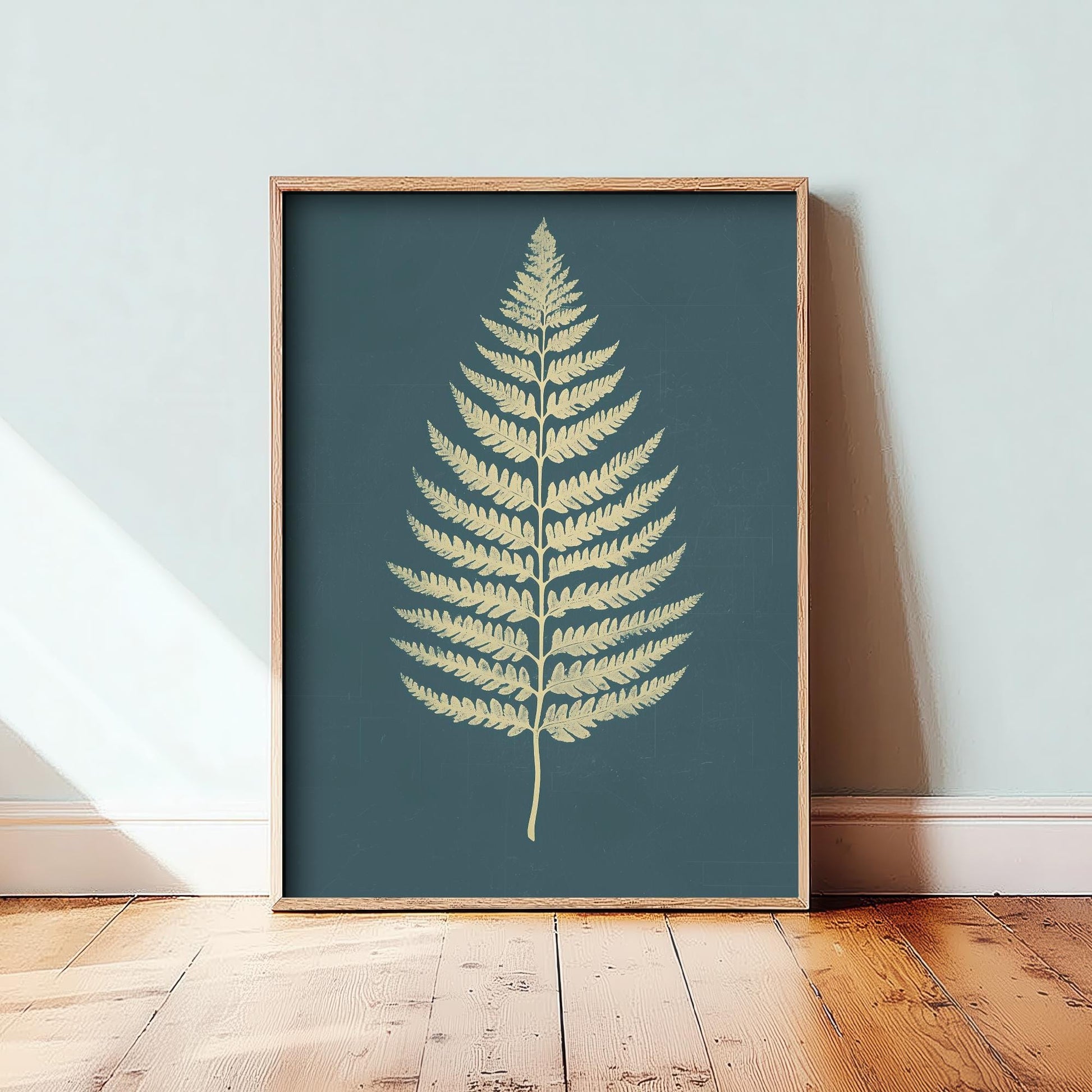 Feral Floral Fern Art Print V3 - Cream Fern Teal Background Poster - Bold Colourful Woodcut Collage Painting Nature Japandi Neutral 1/3