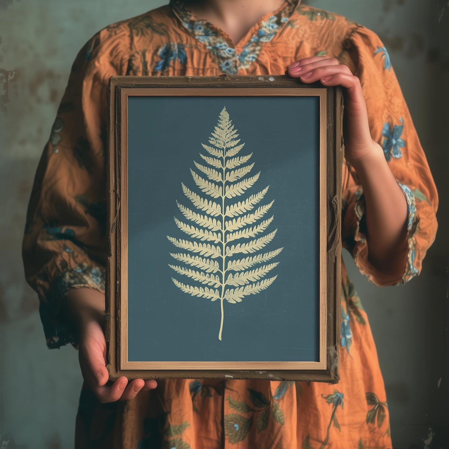 Feral Floral Fern Art Print V3 - Cream Fern Teal Background Poster - Bold Colourful Woodcut Collage Painting Nature Japandi Neutral 1/3