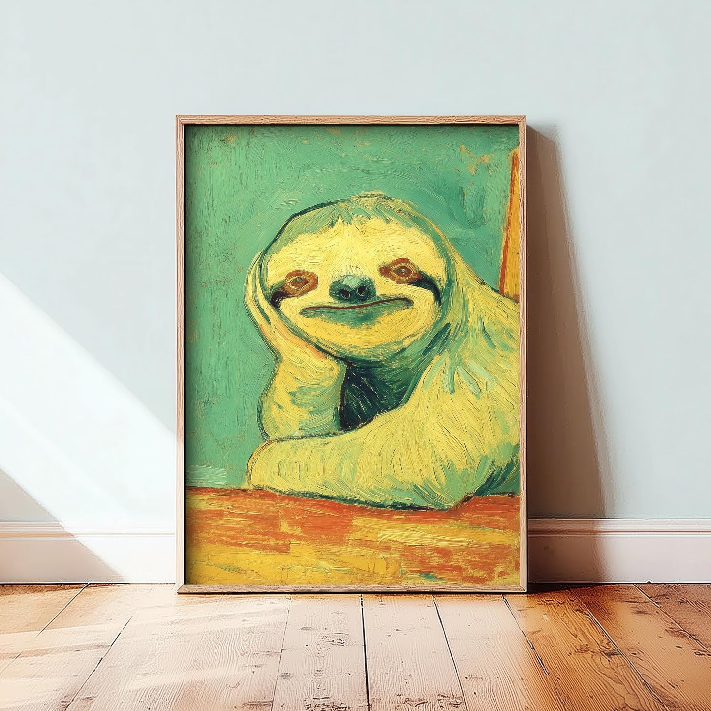 Lazy Animals Art Print | Sloth Portrait Van Gogh Style Poster | Humorous Green Yellow Painting Wall Decor Gift 1/3