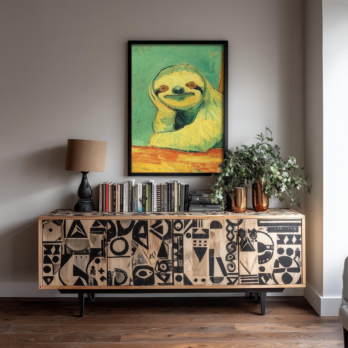 Lazy Animals Art Print | Sloth Portrait Van Gogh Style Poster | Humorous Green Yellow Painting Wall Decor Gift 1/3