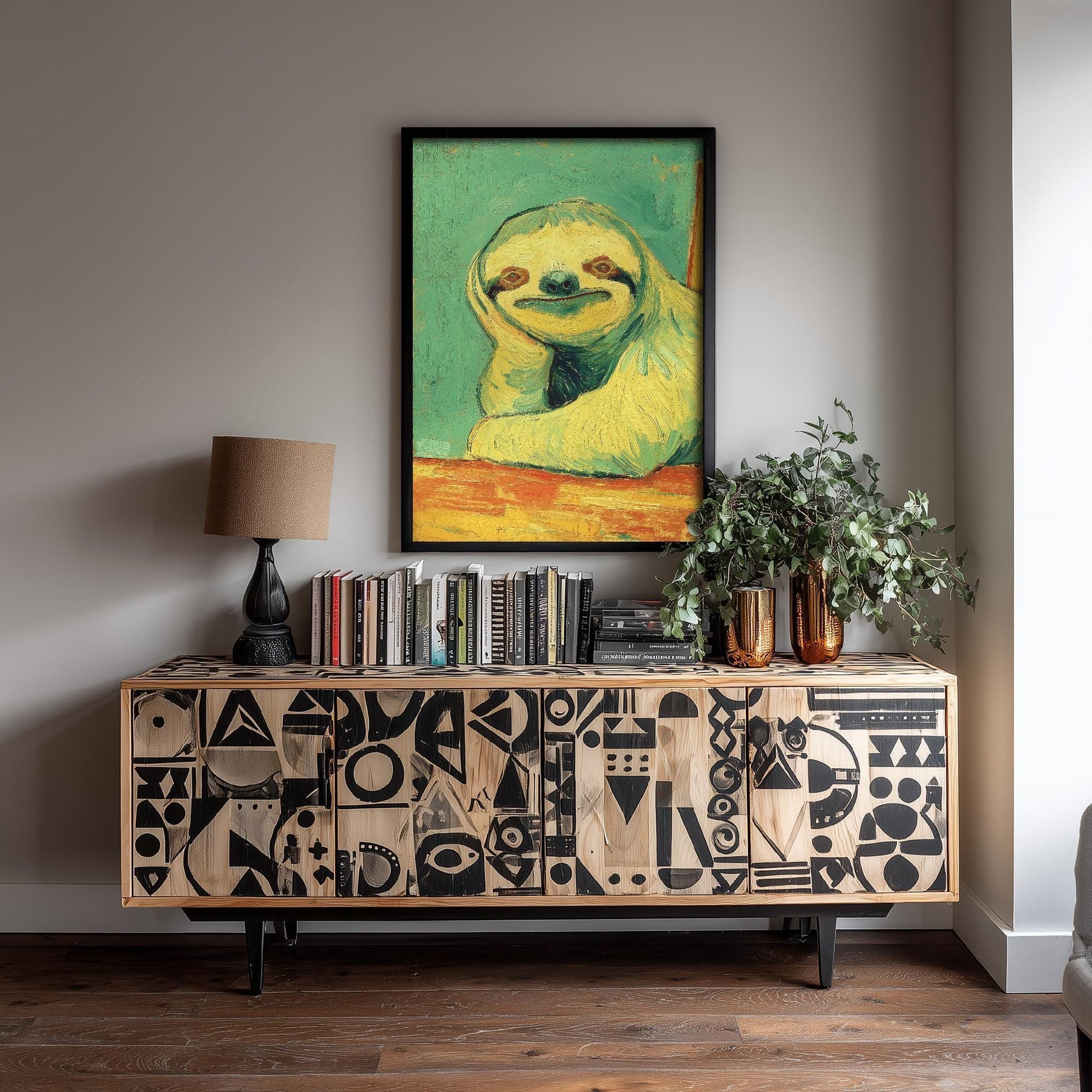 Lazy Animals Art Print | Sloth Portrait Van Gogh Style Poster | Humorous Green Yellow Painting Wall Decor Gift 1/3