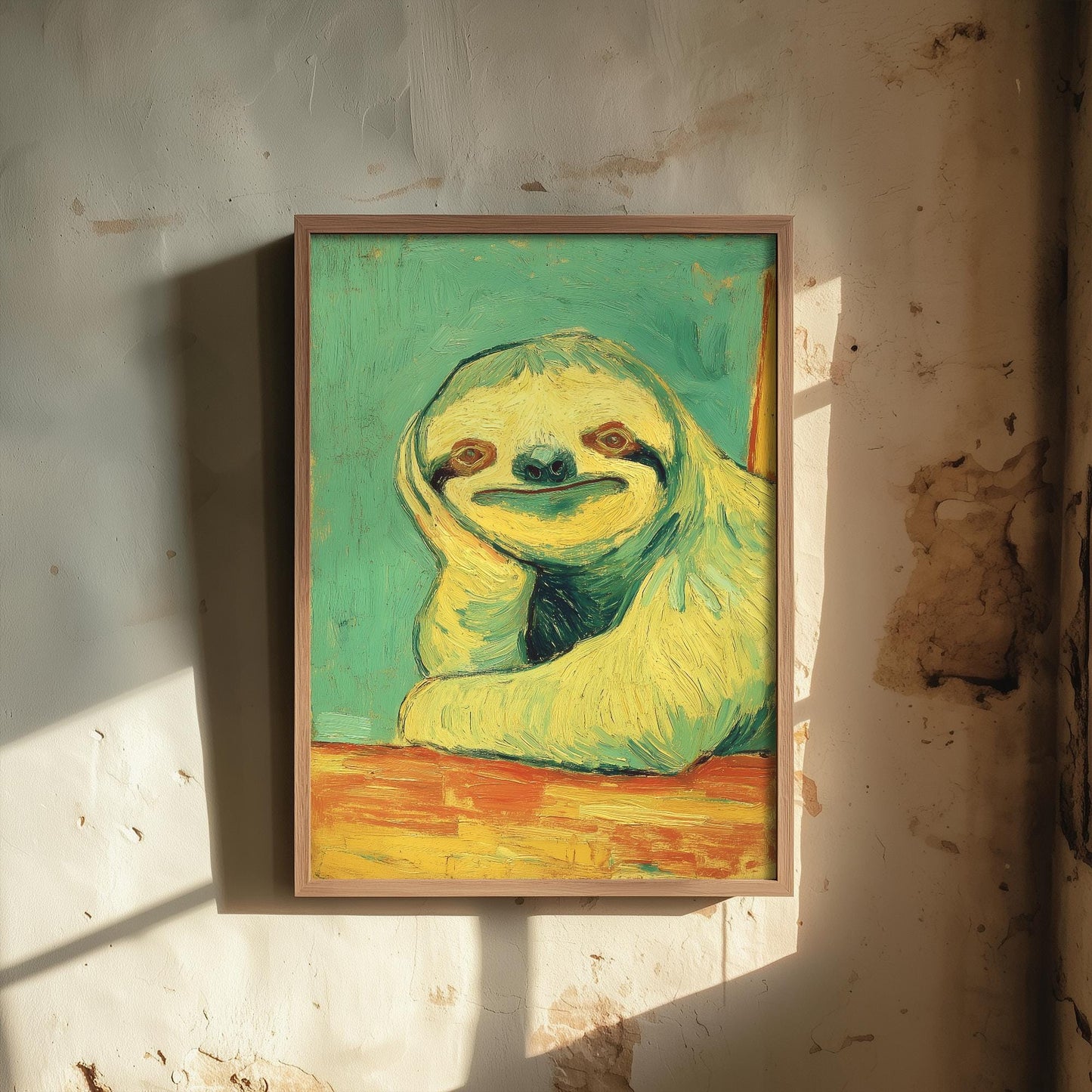 Lazy Animals Art Print | Sloth Portrait Van Gogh Style Poster | Humorous Green Yellow Painting Wall Decor Gift 1/3