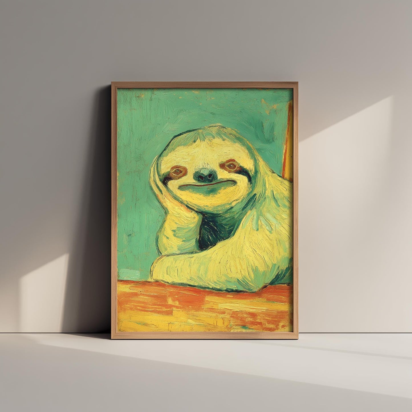 Lazy Animals Art Print | Sloth Portrait Van Gogh Style Poster | Humorous Green Yellow Painting Wall Decor Gift 1/3
