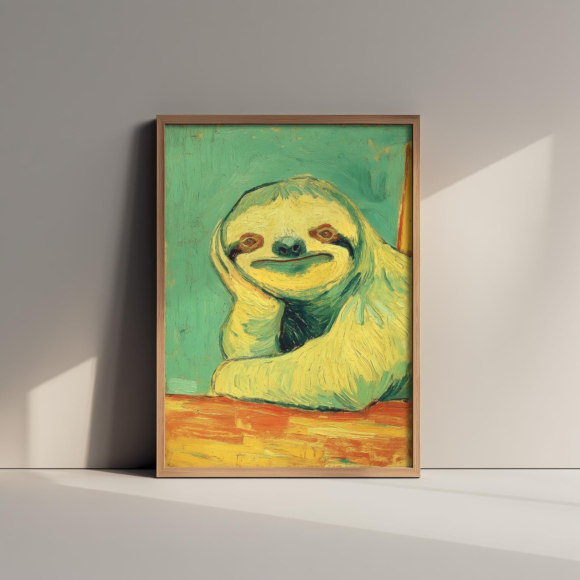 Lazy Animals Art Print | Sloth Portrait Van Gogh Style Poster | Humorous Green Yellow Painting Wall Decor Gift 1/3