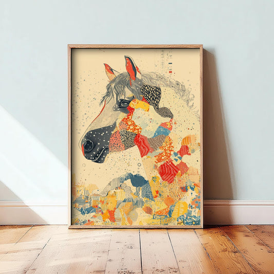 Feral Floral Horse Art Print V3 - Grey Horse Bold Colour Patch Portrait Poster - Bold Colourful Woodcut Collage Painting Animals Gift 3/3