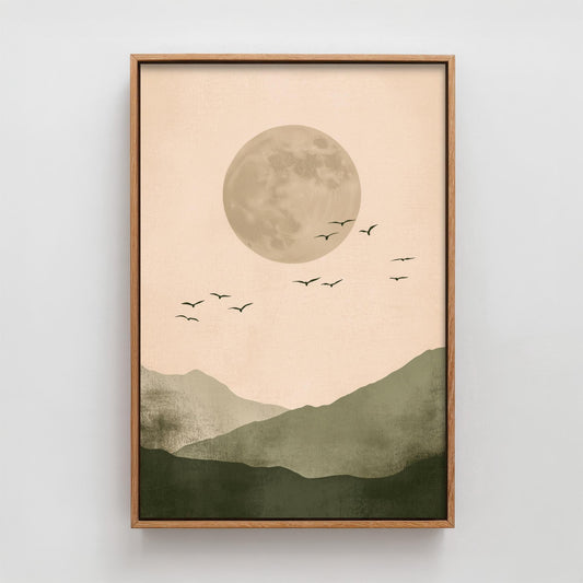 Birds in Sky with Large Moon Art Print | Grey Moon Peach Sky Poster | Japanese Ukiyo-e Inspired Painting Wall Decor 1/3