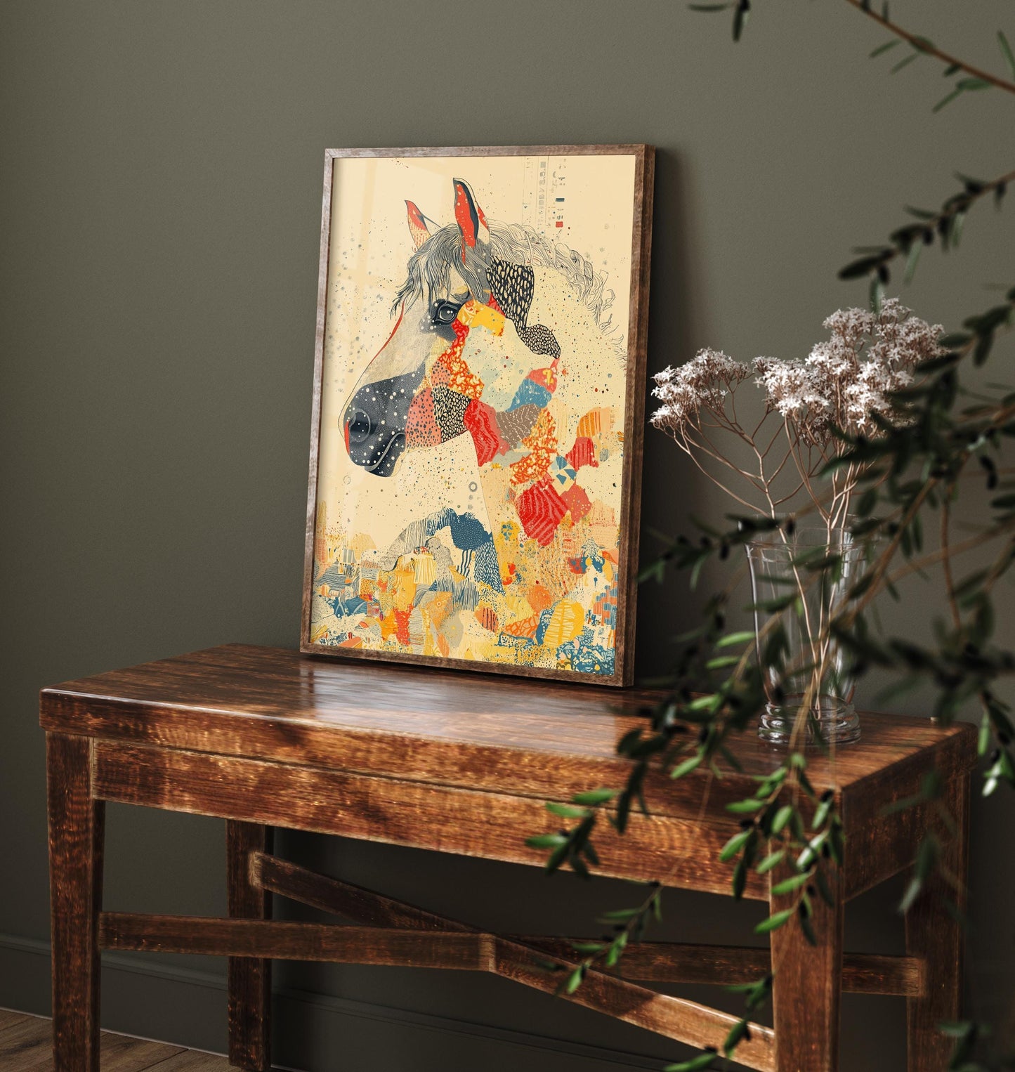 Feral Floral Horse Art Print V3 - Grey Horse Bold Colour Patch Portrait Poster - Bold Colourful Woodcut Collage Painting Animals Gift 3/3