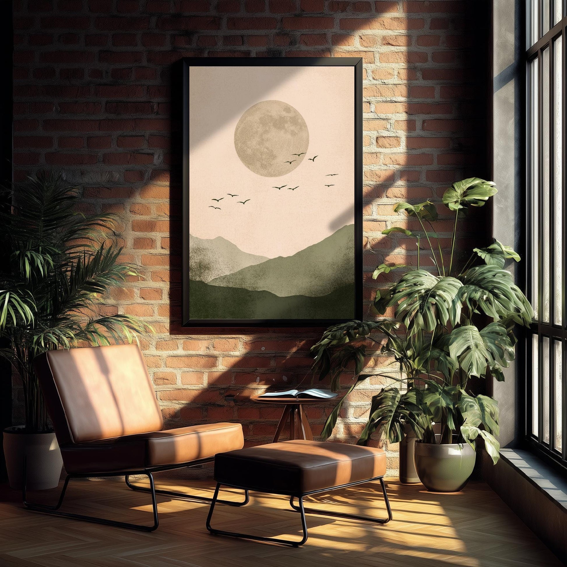 Birds in Sky with Large Moon Art Print | Grey Moon Peach Sky Poster | Japanese Ukiyo-e Inspired Painting Wall Decor 1/3