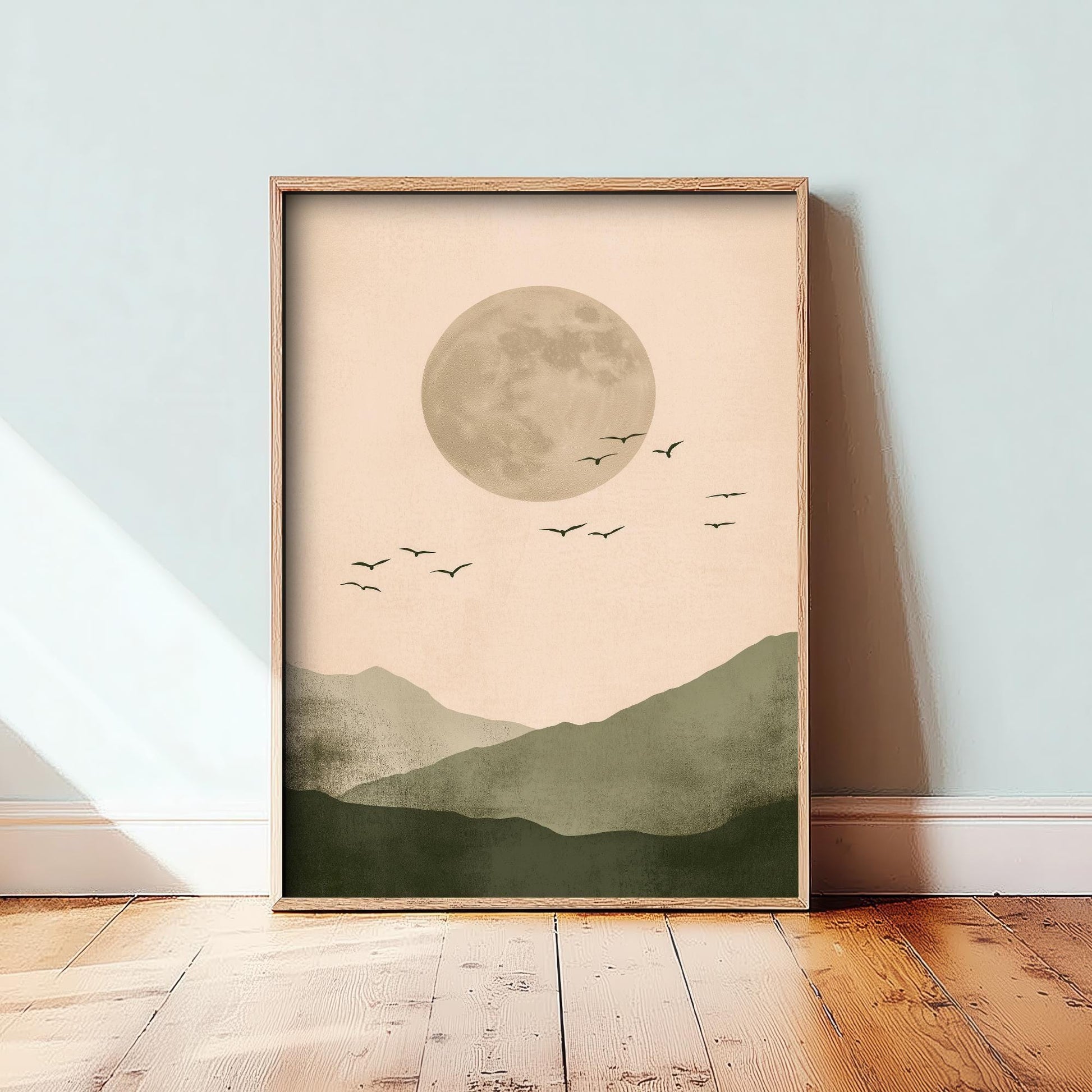Birds in Sky with Large Moon Art Print | Grey Moon Peach Sky Poster | Japanese Ukiyo-e Inspired Painting Wall Decor 1/3