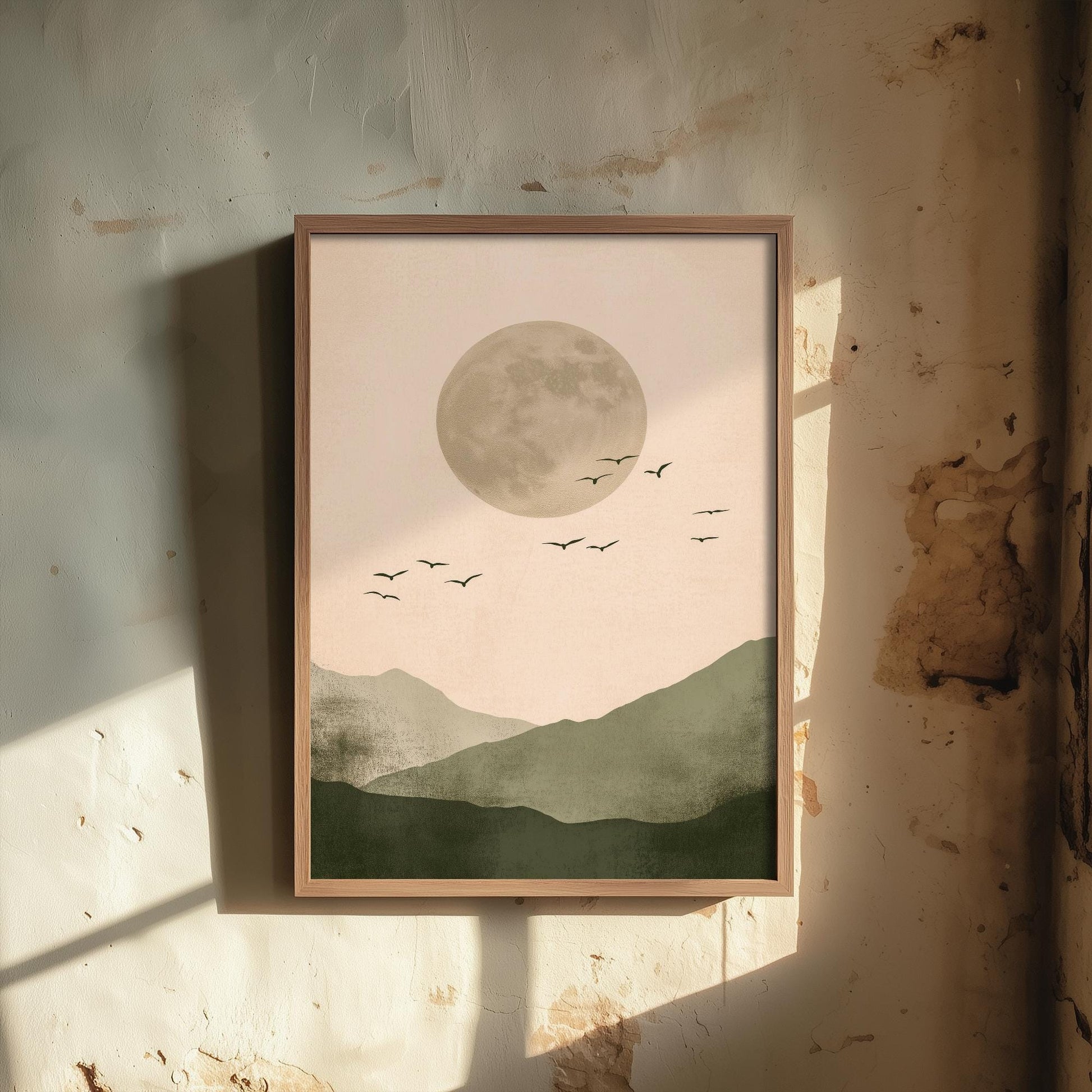 Birds in Sky with Large Moon Art Print | Grey Moon Peach Sky Poster | Japanese Ukiyo-e Inspired Painting Wall Decor 1/3