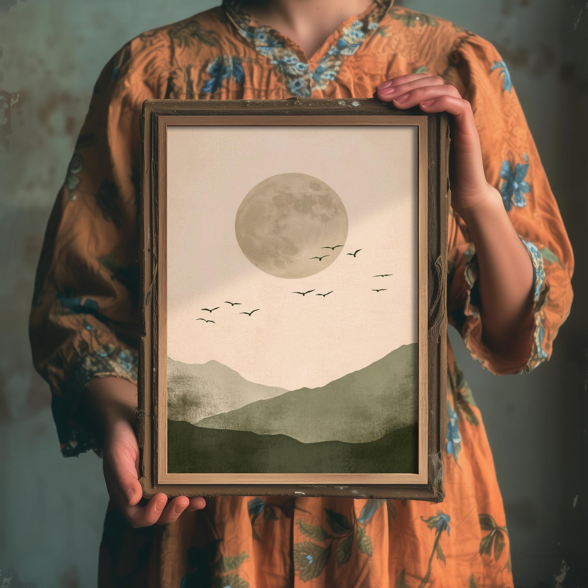 Birds in Sky with Large Moon Art Print | Grey Moon Peach Sky Poster | Japanese Ukiyo-e Inspired Painting Wall Decor 1/3