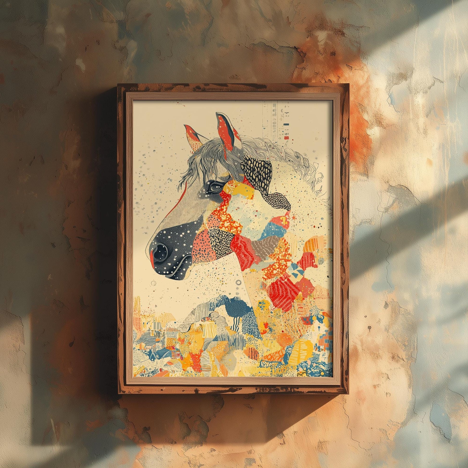 Feral Floral Horse Art Print V3 - Grey Horse Bold Colour Patch Portrait Poster - Bold Colourful Woodcut Collage Painting Animals Gift 3/3