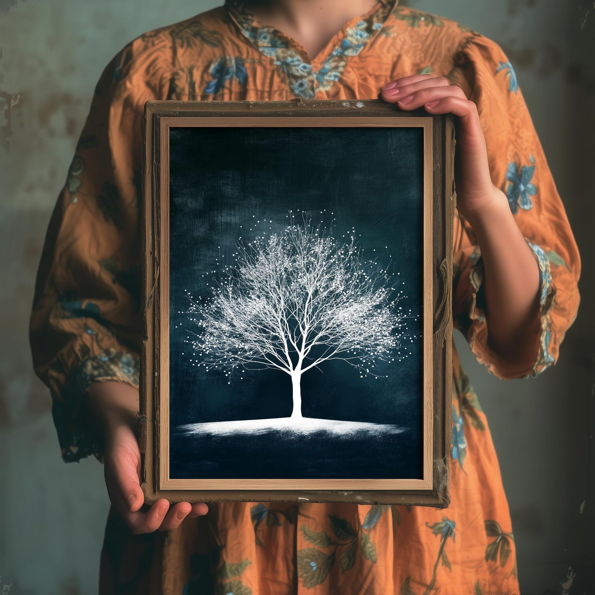 Teal Night Tree Print | Bare Winter Tree Art Print | Dark Teal Moody Nature Painting | Ethereal Botanical Wall Poster V1 1/3