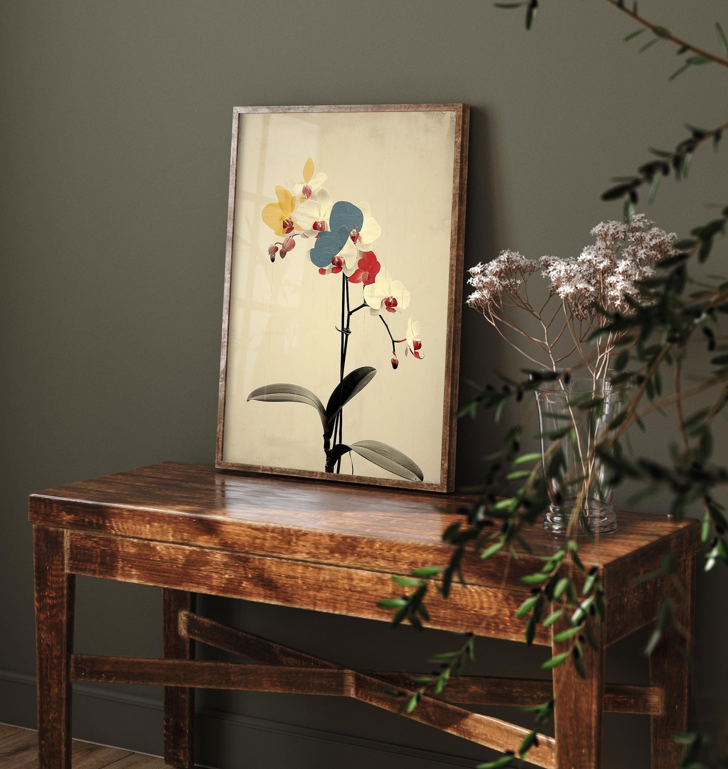 Vintage Rainbow Orchid Art Print V2 | Single Bold Dahlia Stem Poster | Japanese Japandi Botanical Painting Zen Decor 2/3