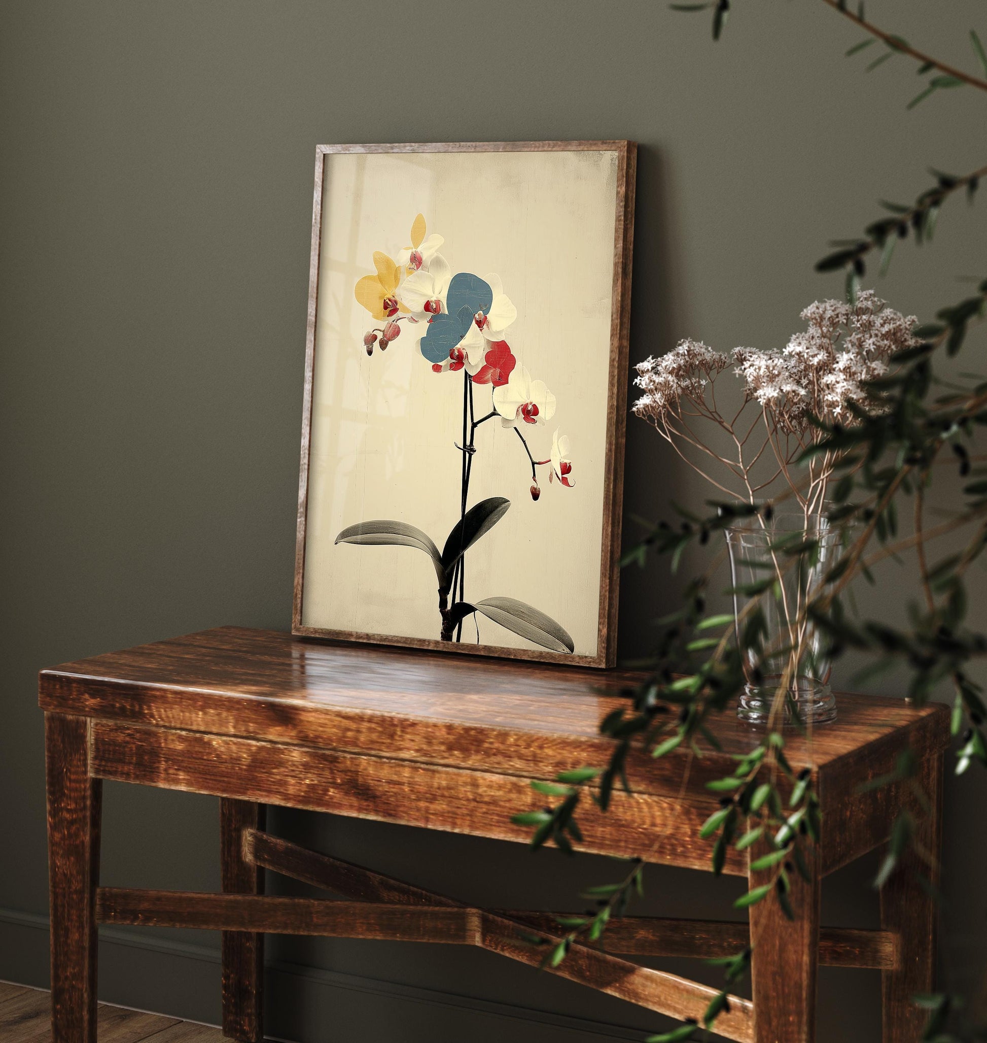 Vintage Rainbow Orchid Art Print V2 | Single Bold Dahlia Stem Poster | Japanese Japandi Botanical Painting Zen Decor 2/3