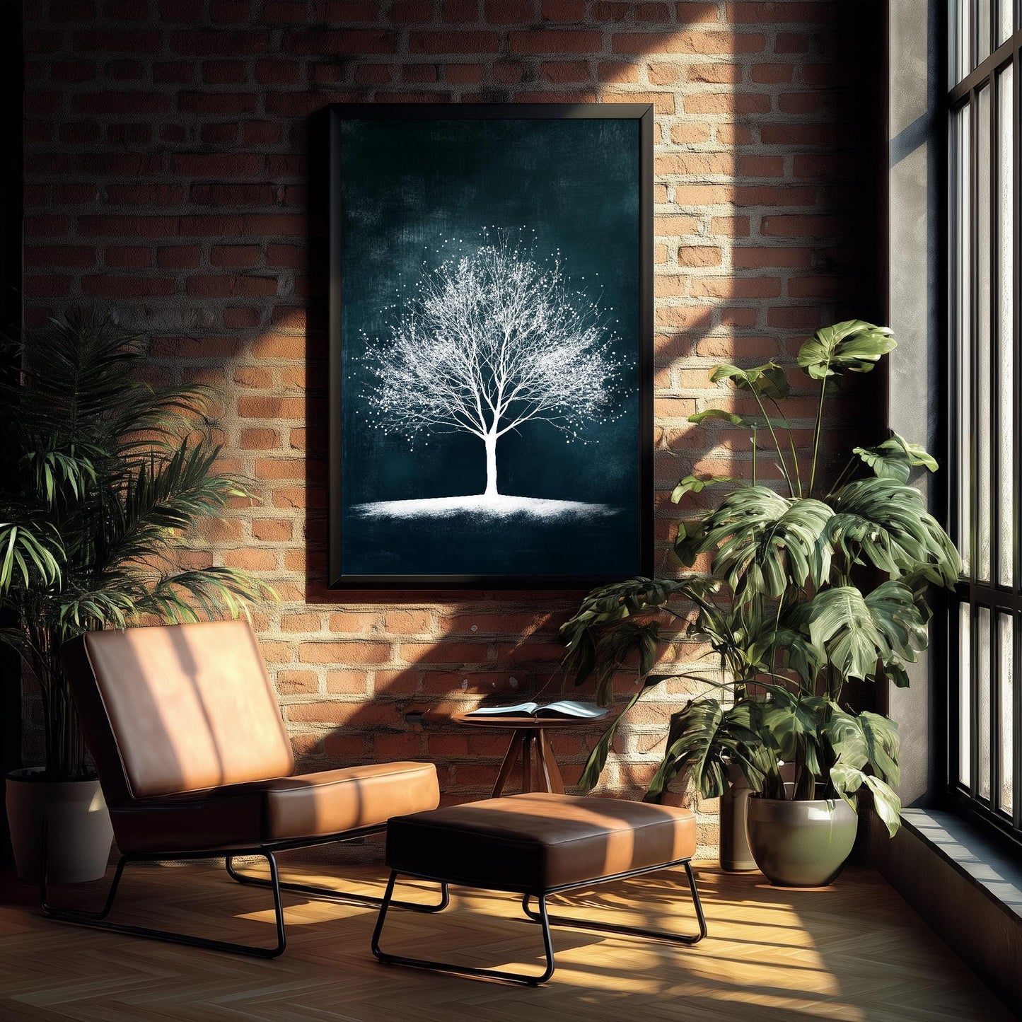 Teal Night Tree Print | Bare Winter Tree Art Print | Dark Teal Moody Nature Painting | Ethereal Botanical Wall Poster V1 1/3