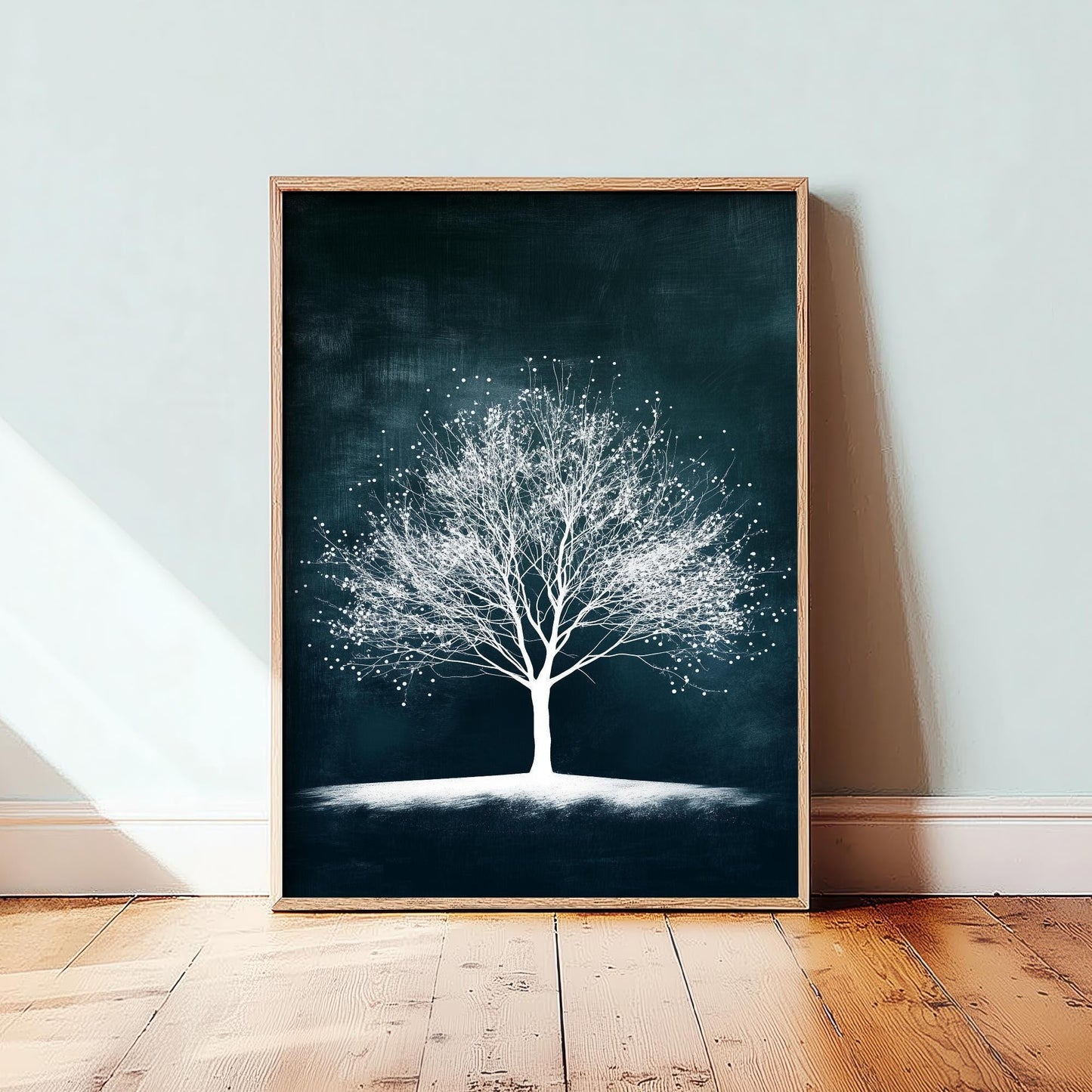 Teal Night Tree Print | Bare Winter Tree Art Print | Dark Teal Moody Nature Painting | Ethereal Botanical Wall Poster V1 1/3