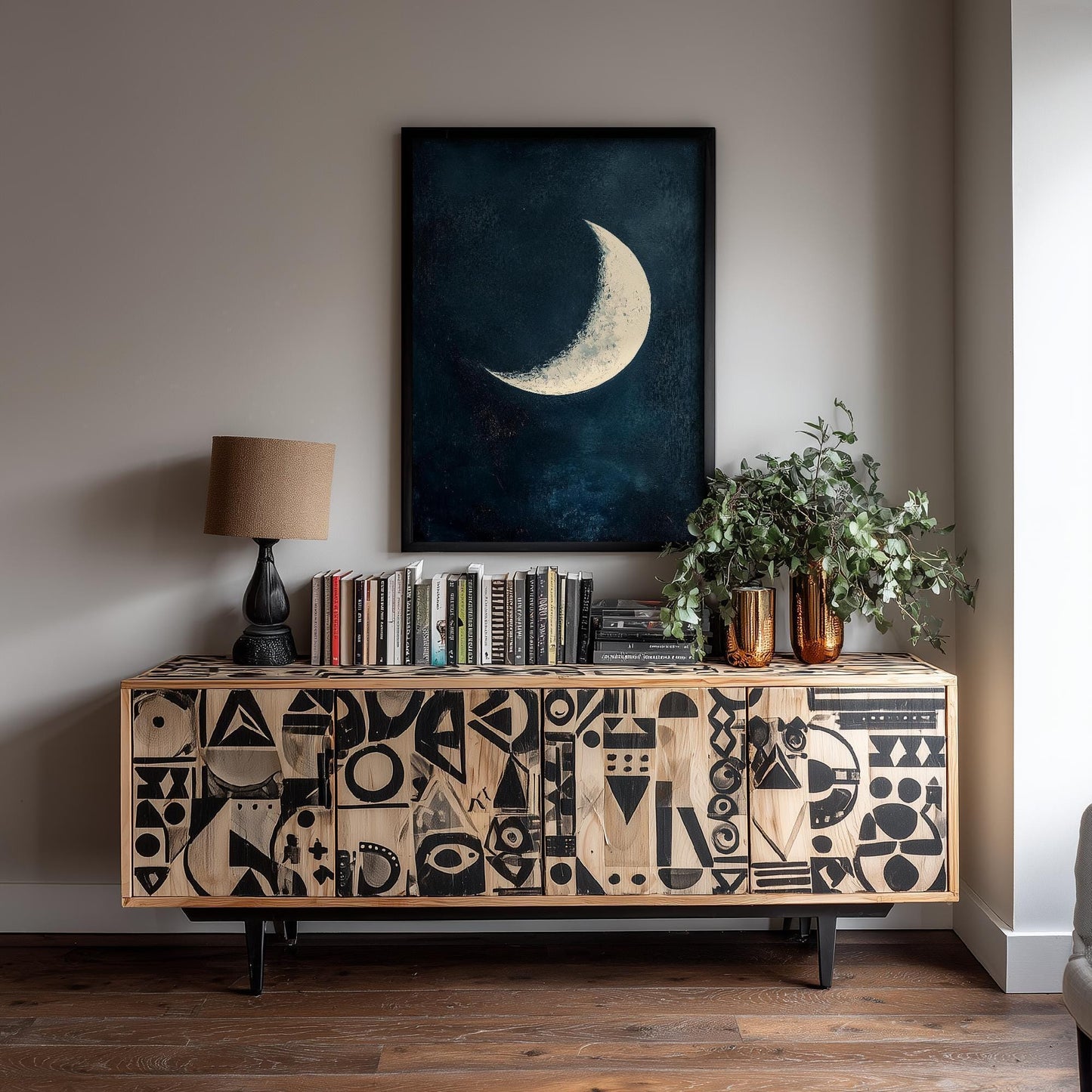Blue Night Moon & Tree Art Print | Crescent Moon Wall Poster | Dark Celestial Decor | Lunar Painting 2/3