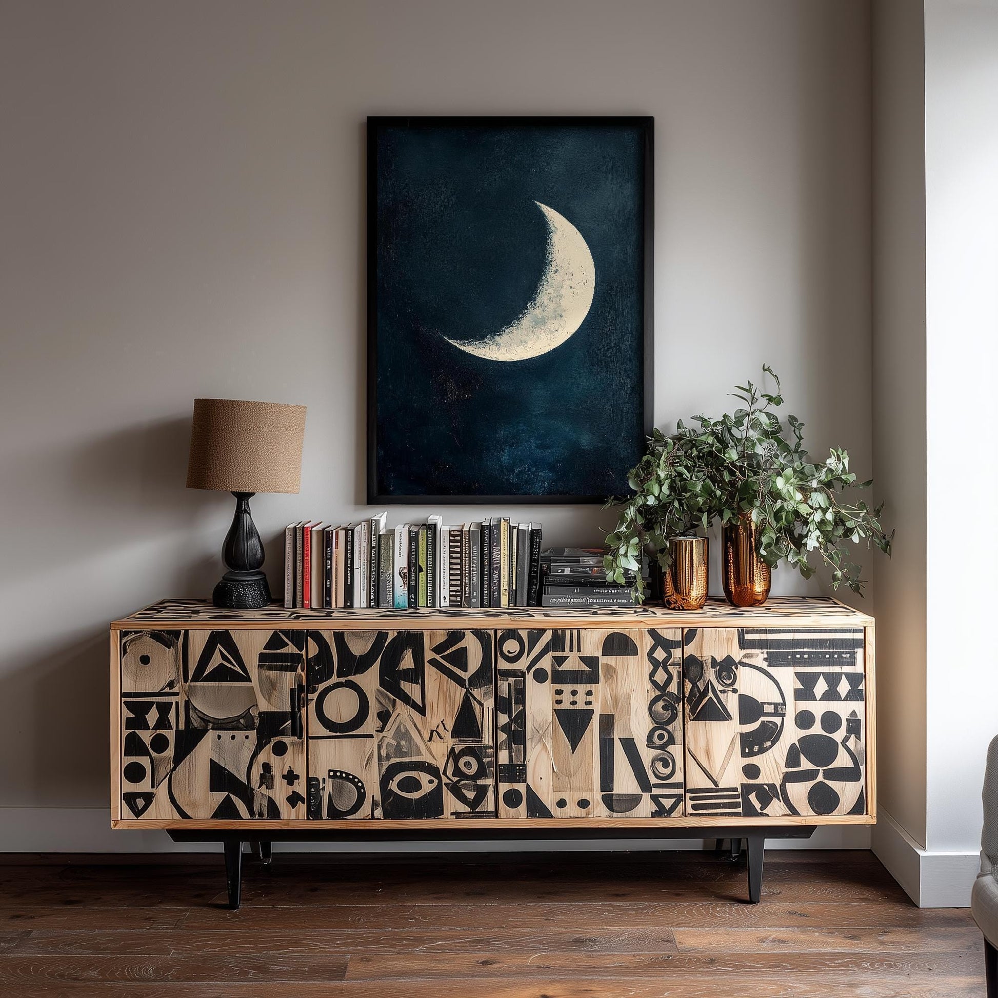 Blue Night Moon & Tree Art Print | Crescent Moon Wall Poster | Dark Celestial Decor | Lunar Painting 2/3