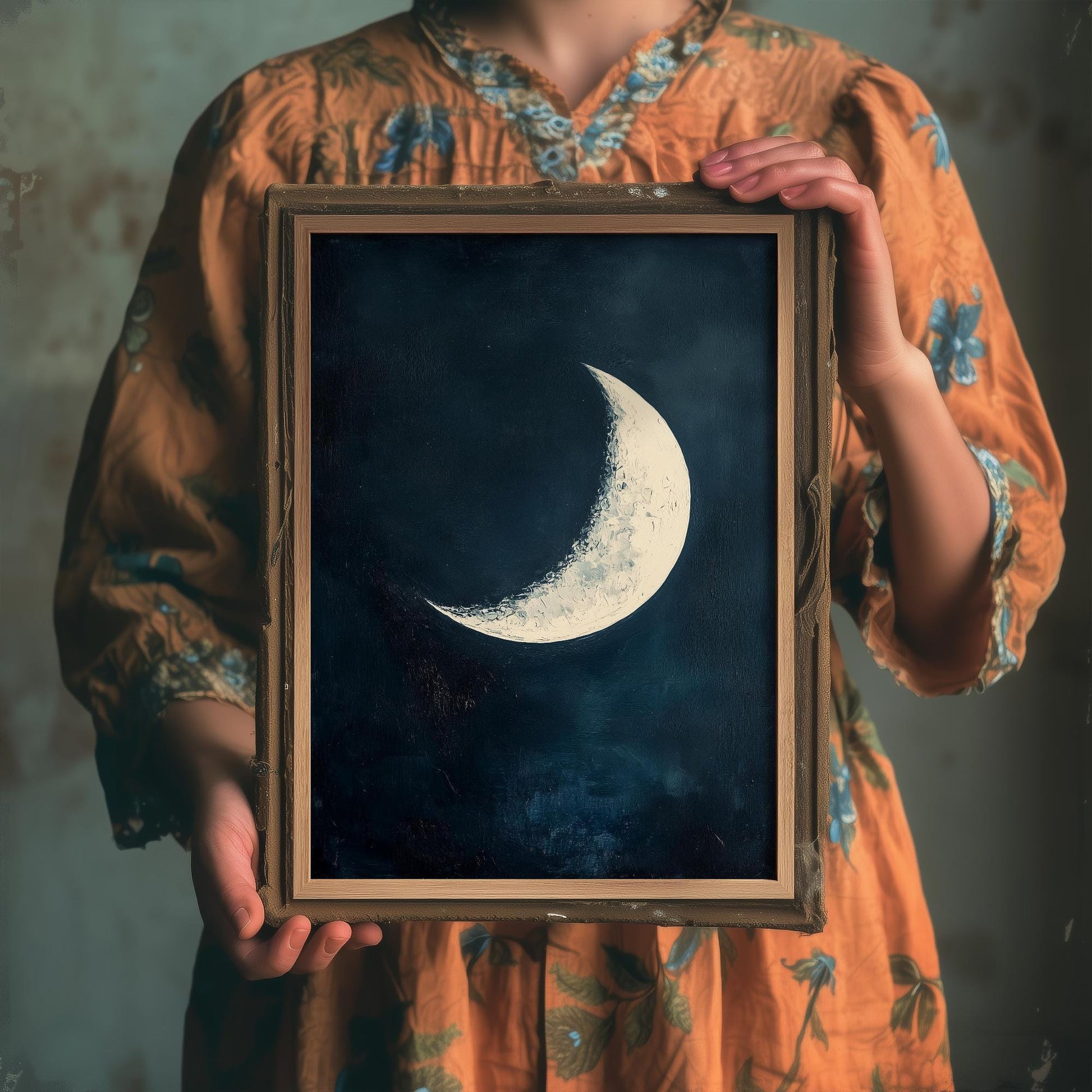 Blue Night Moon & Tree Art Print | Crescent Moon Wall Poster | Dark Celestial Decor | Lunar Painting 2/3