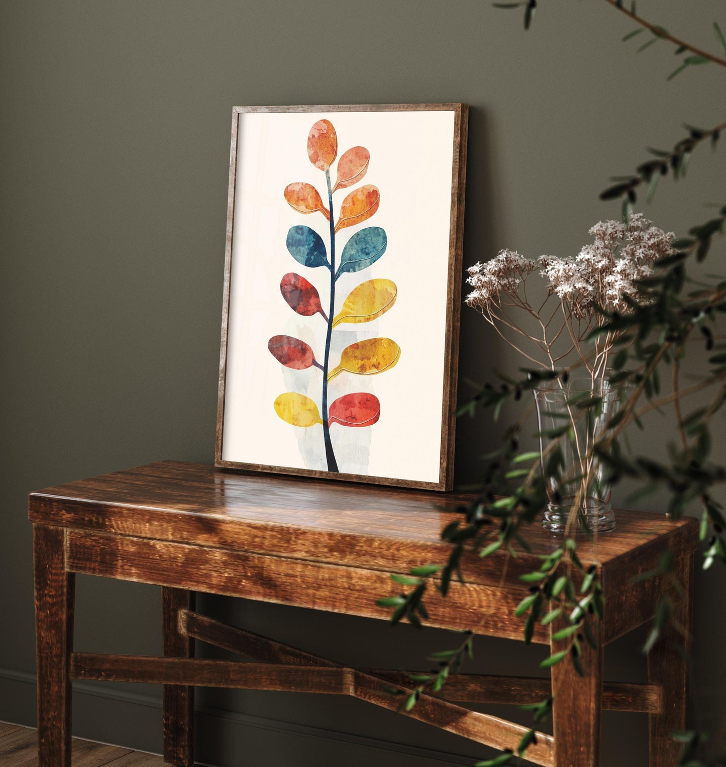Feral Floral Fern Art Print V1 - Oval Leaf Stem Botanical Poster - Bold Colourful Woodcut Collage Painting Nature Japandi Neutral 2/3